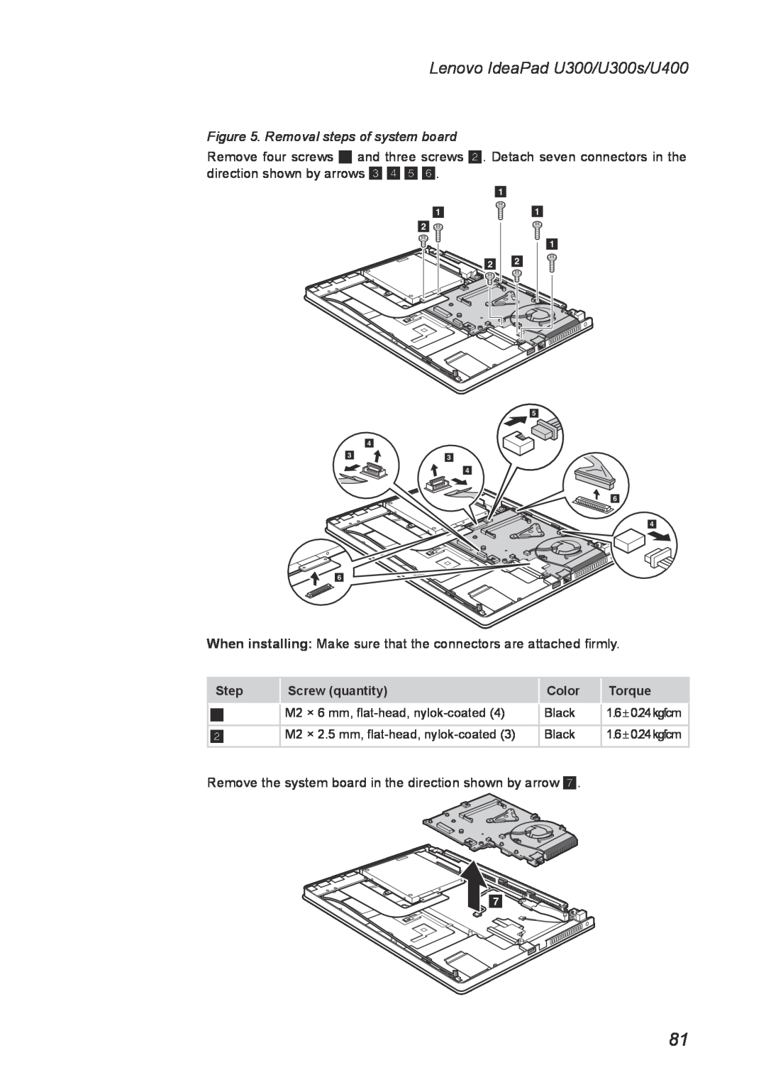 Lenovo U300S manual Removal steps of system board, Lenovo IdeaPad U300/U300s/U400 