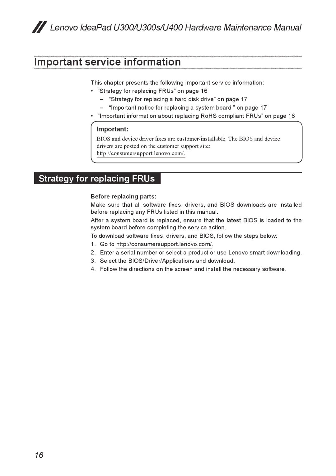 Lenovo U400, U300S manual Important service information, Strategy for replacing FRUs 