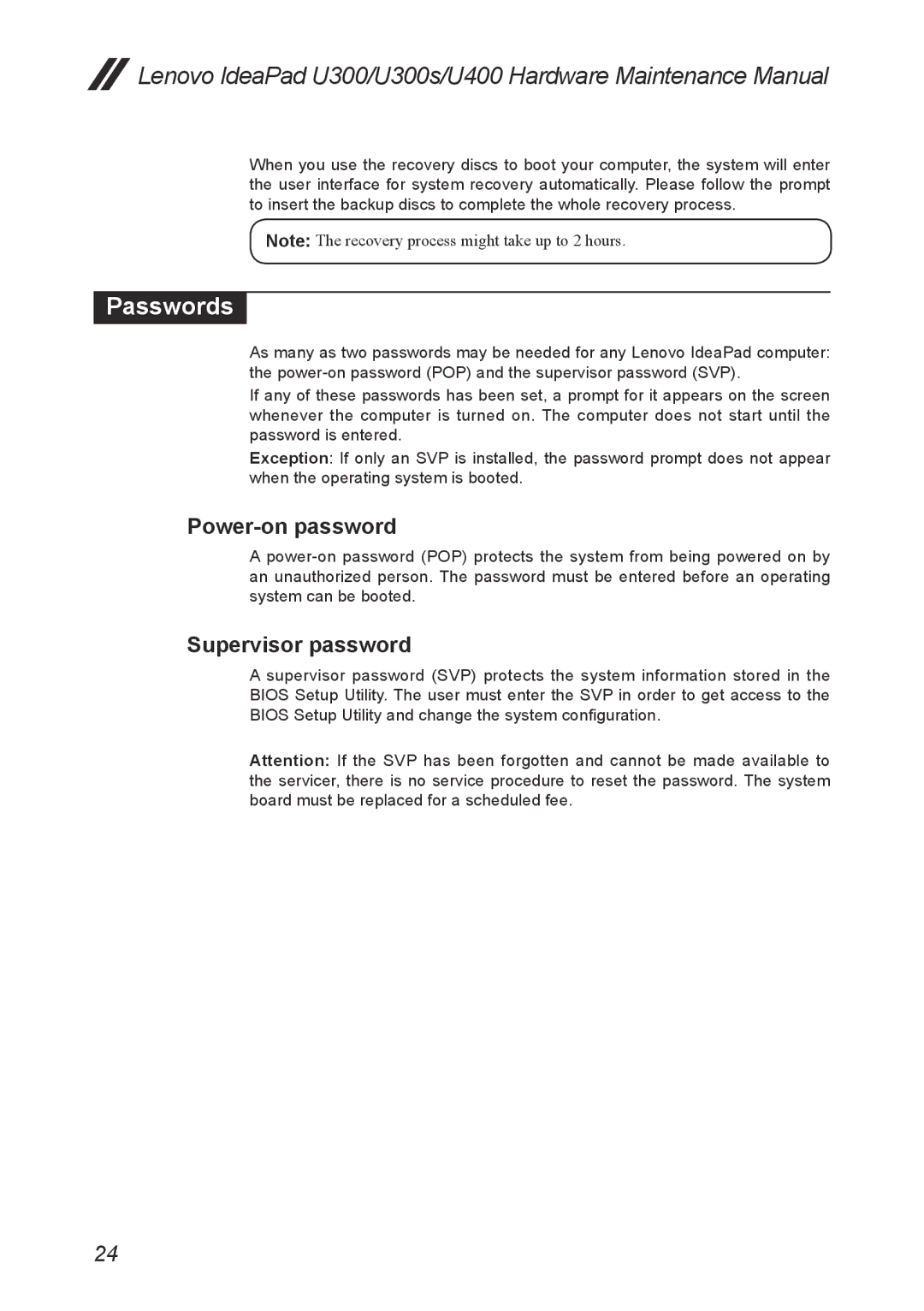 Lenovo U400, U300S manual Passwords, Power-on password, Supervisor password 