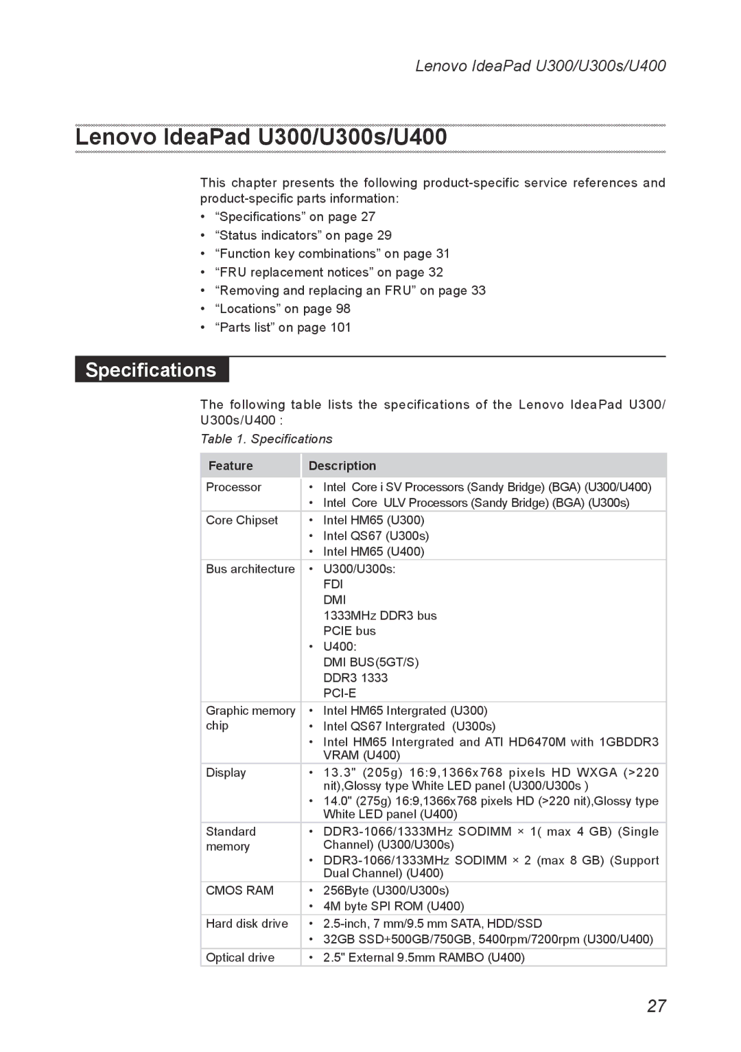 Lenovo U300S manual Lenovo IdeaPad U300/U300s/U400, Specifications 