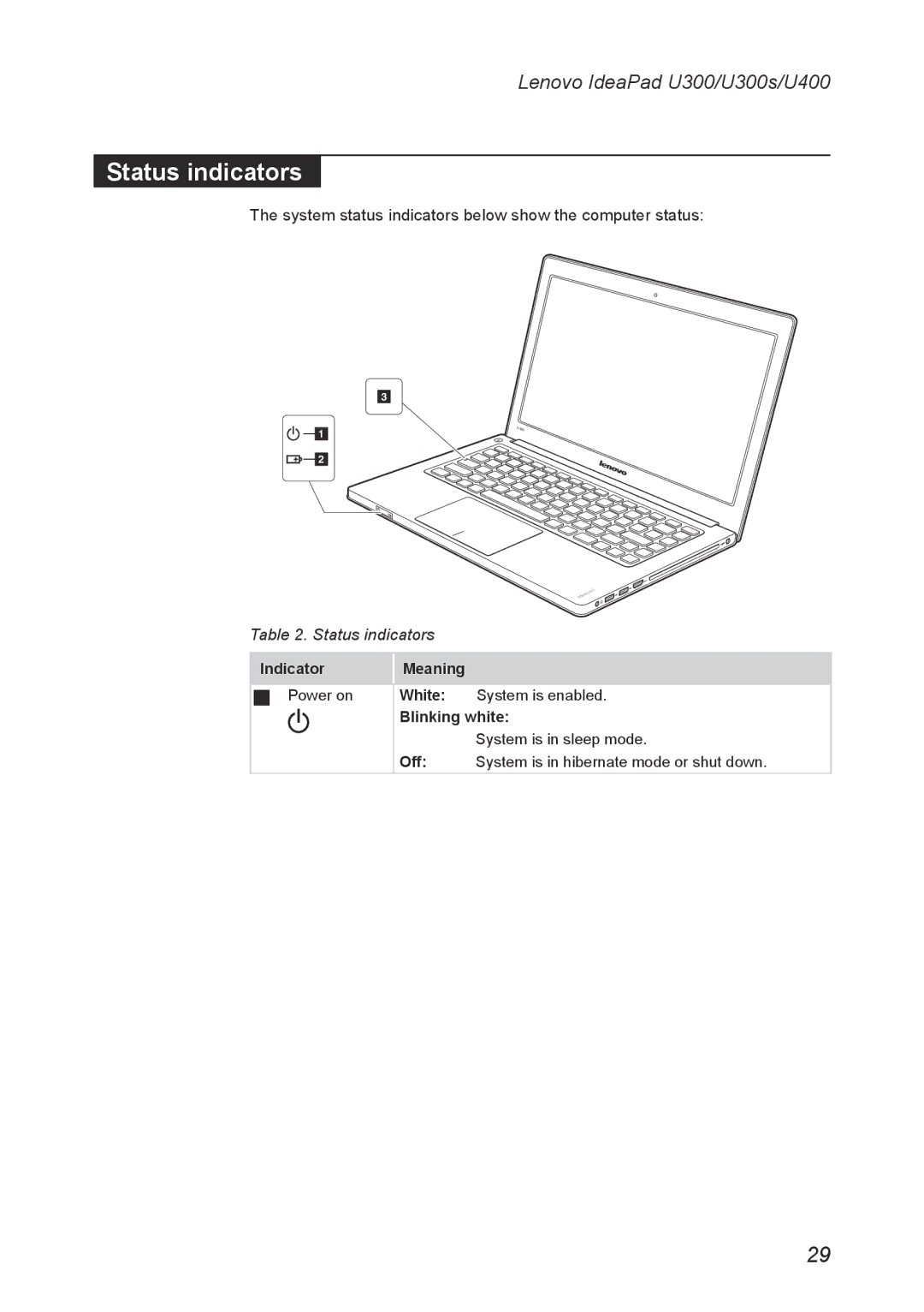 Lenovo U300S, U400 manual Status indicators 