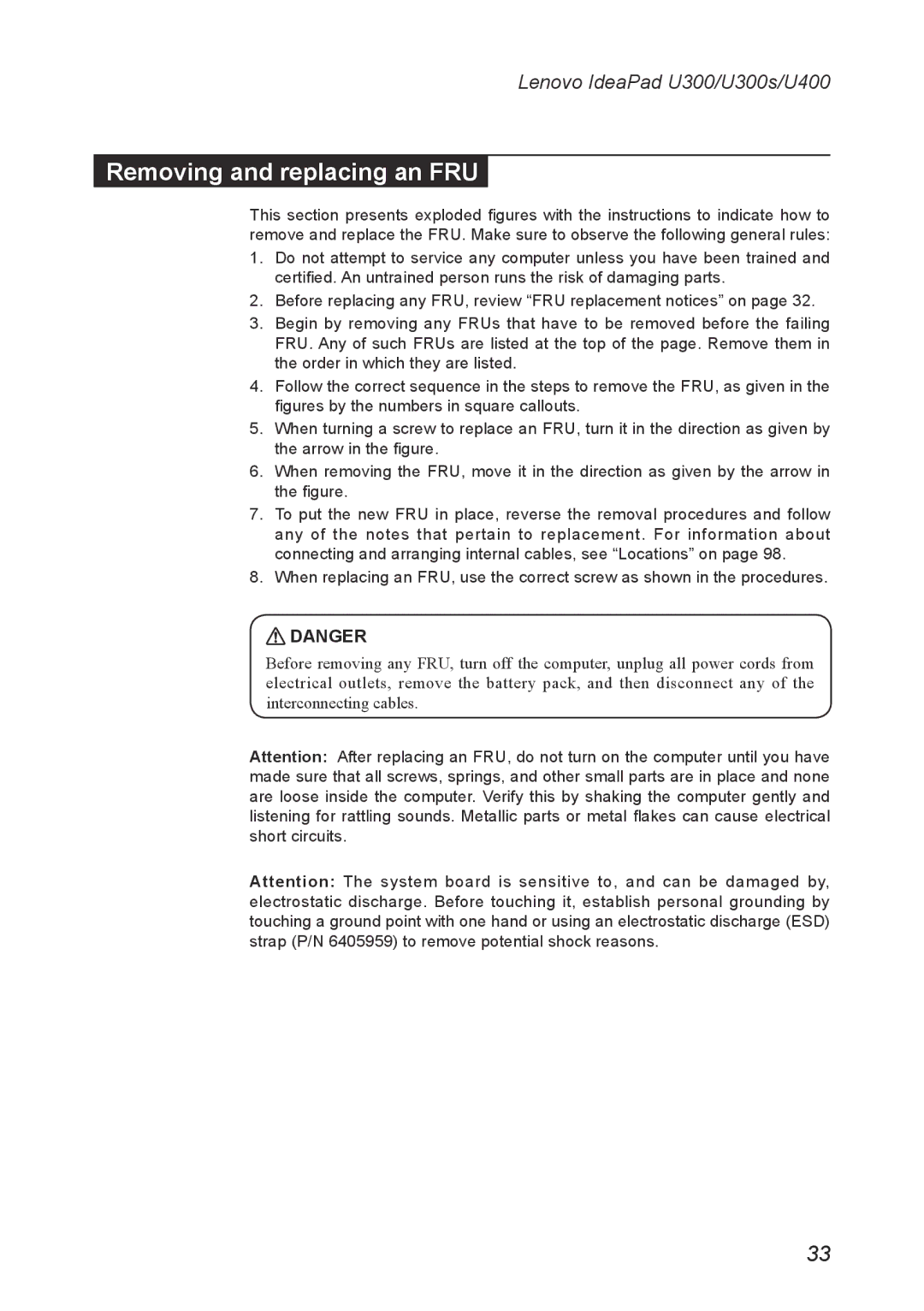 Lenovo U300S, U400 manual Removing and replacing an FRU 