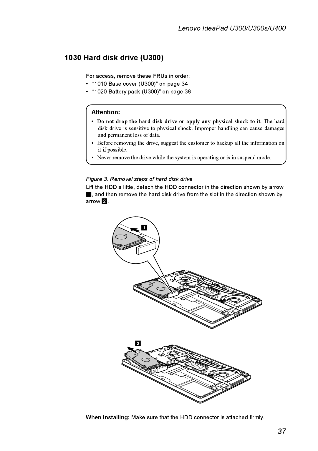 Lenovo U300S, U400 manual Hard disk drive U300, Removal steps of hard disk drive 