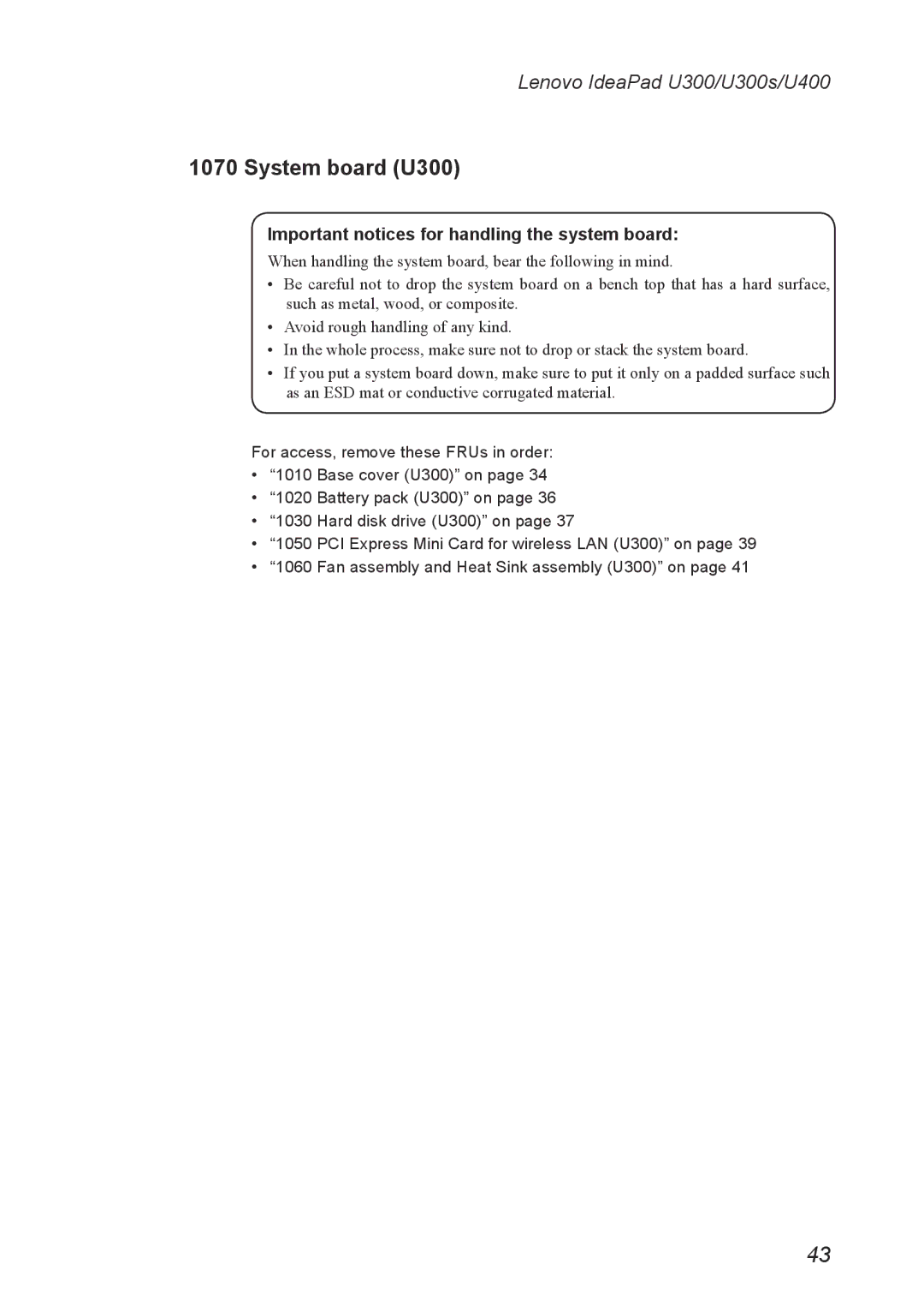 Lenovo U300S, U400 manual System board U300, Important notices for handling the system board 