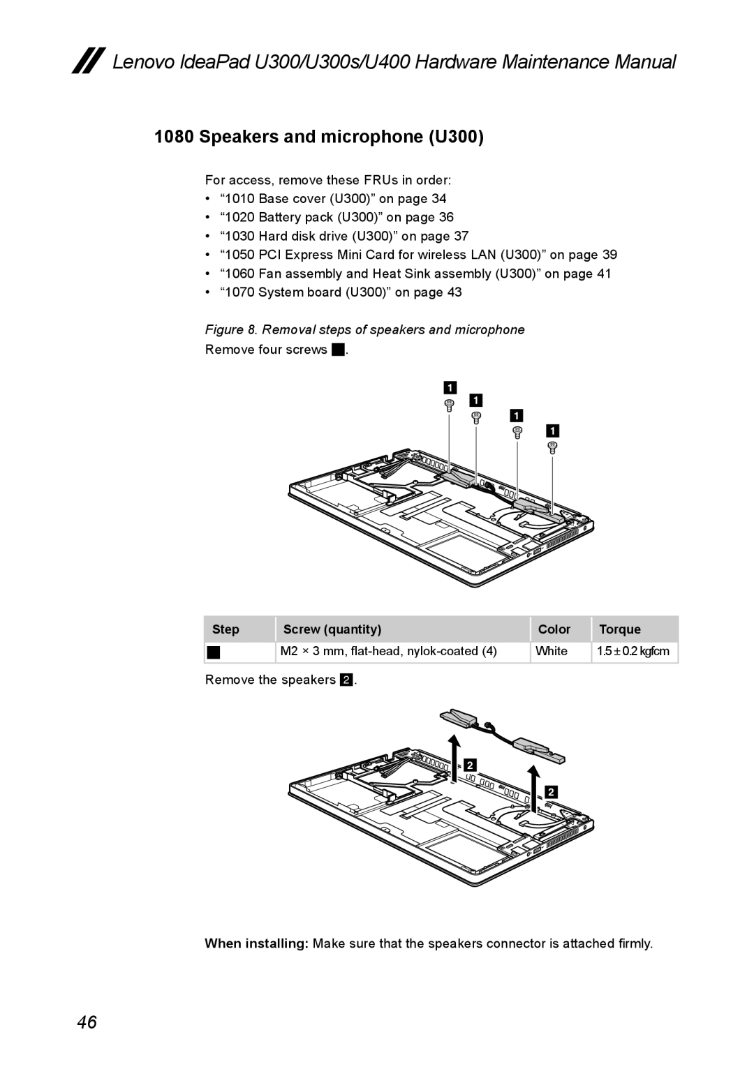 Lenovo U400, U300S manual Speakers and microphone U300, Removal steps of speakers and microphone 