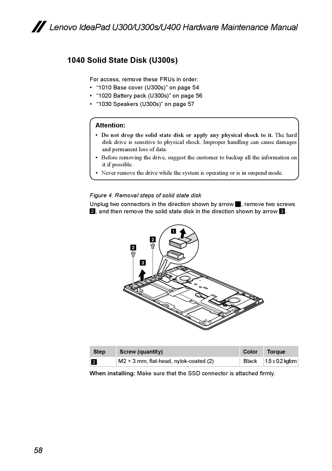 Lenovo U400, U300S manual Solid State Disk U300s, Removal steps of solid state disk 