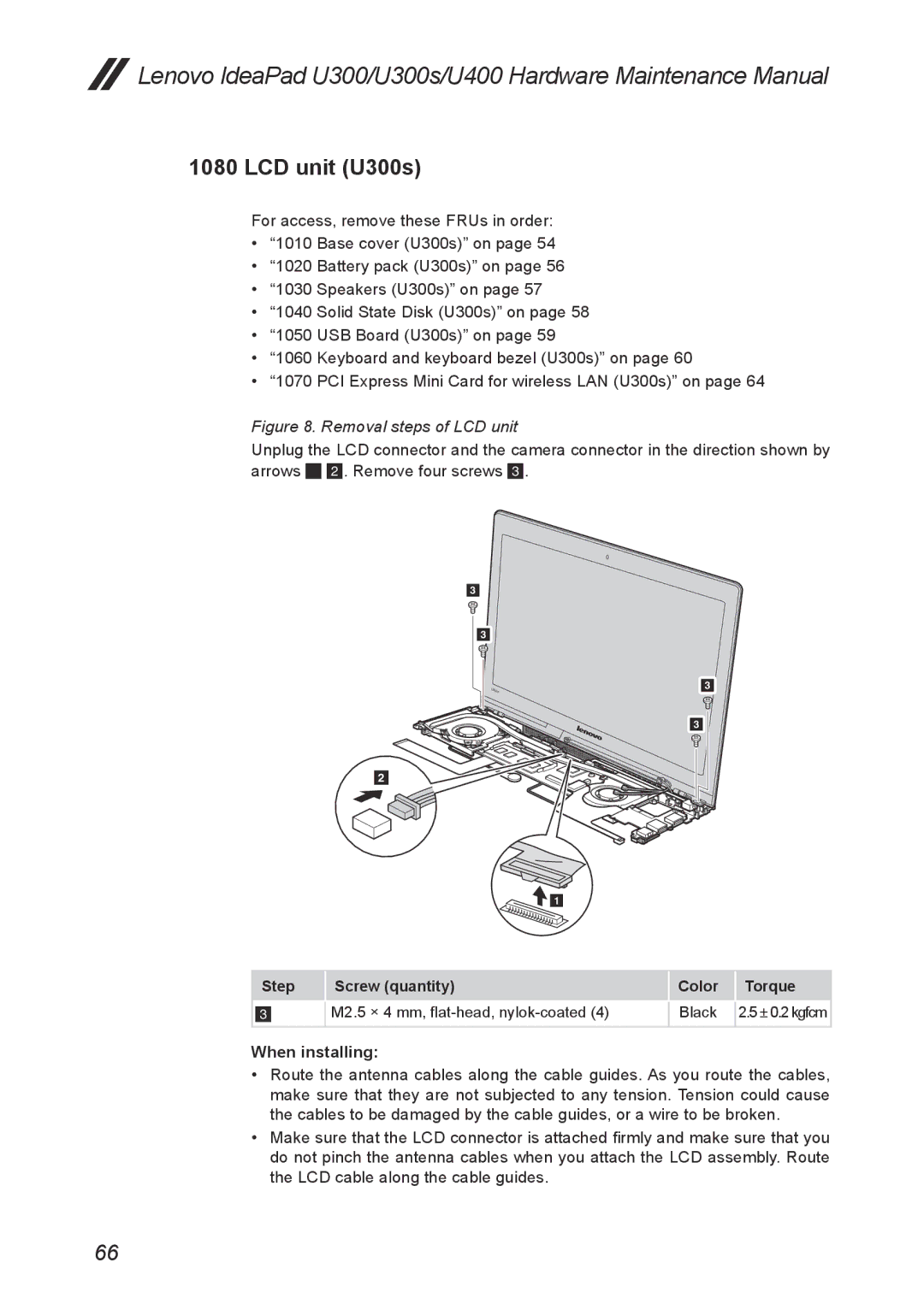 Lenovo U400, U300S manual LCD unit U300s, Removal steps of LCD unit 