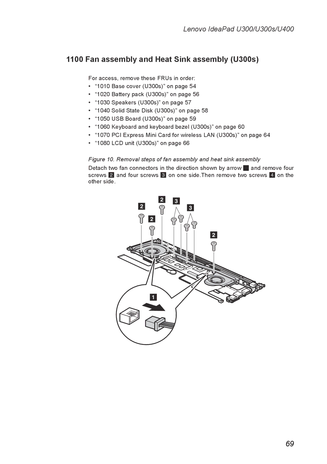 Lenovo U300S, U400 manual Fan assembly and Heat Sink assembly U300s, Removal steps of fan assembly and heat sink assembly 