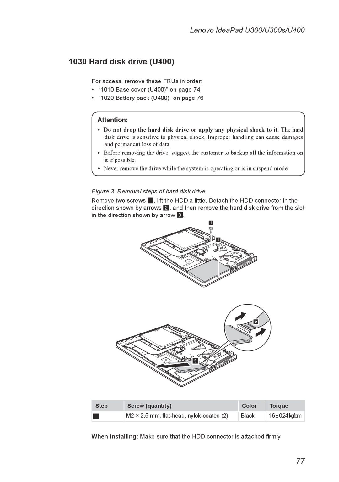 Lenovo U300S manual Hard disk drive U400, Removal steps of hard disk drive 