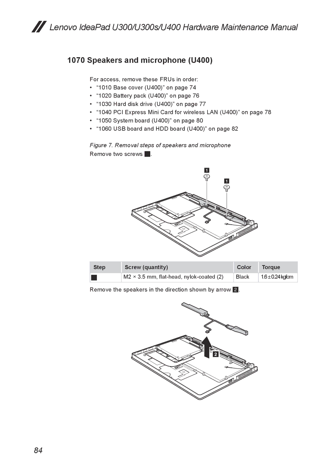 Lenovo U300S manual Speakers and microphone U400, Removal steps of speakers and microphone 