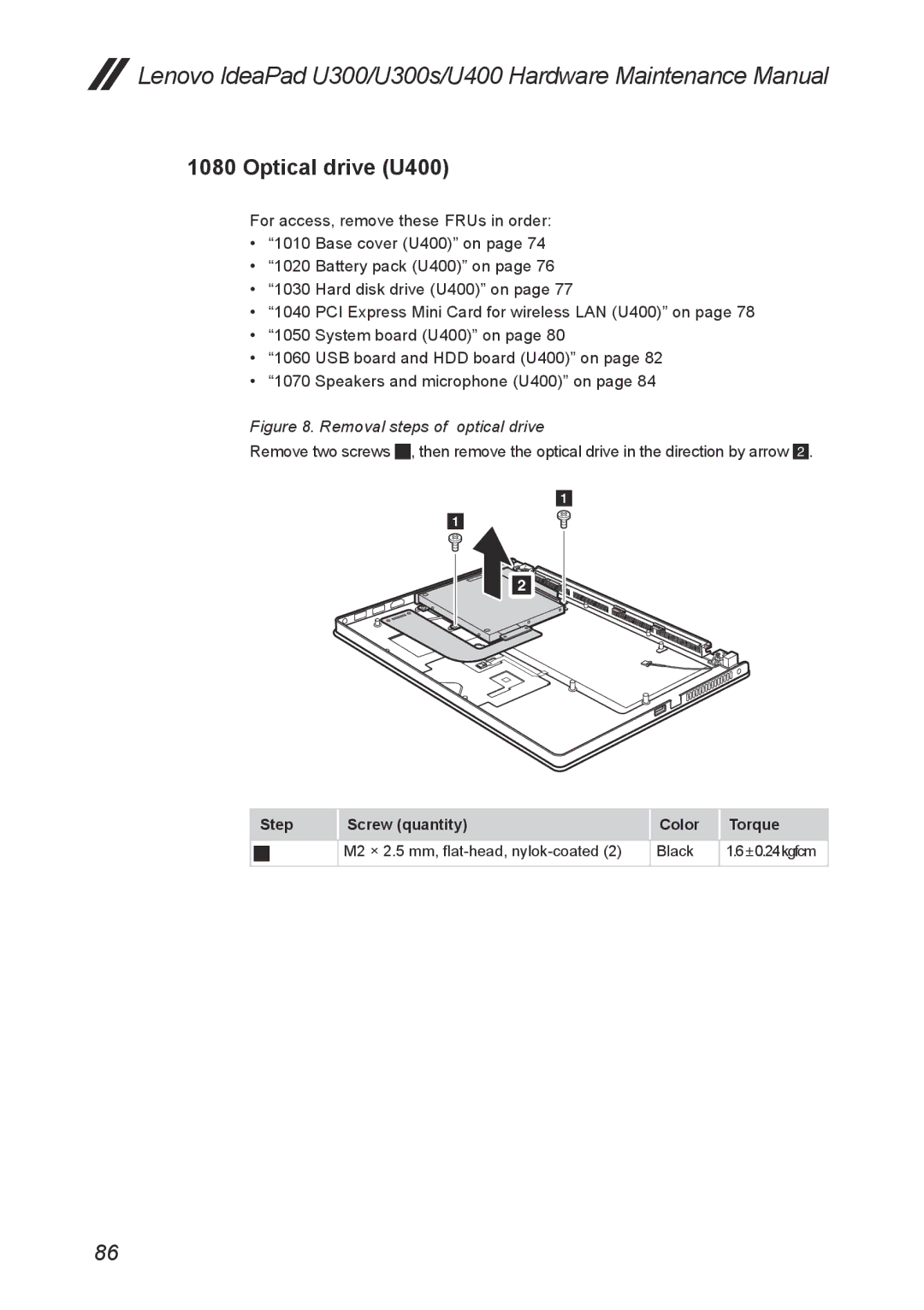 Lenovo U300S manual Optical drive U400, Removal steps of optical drive 