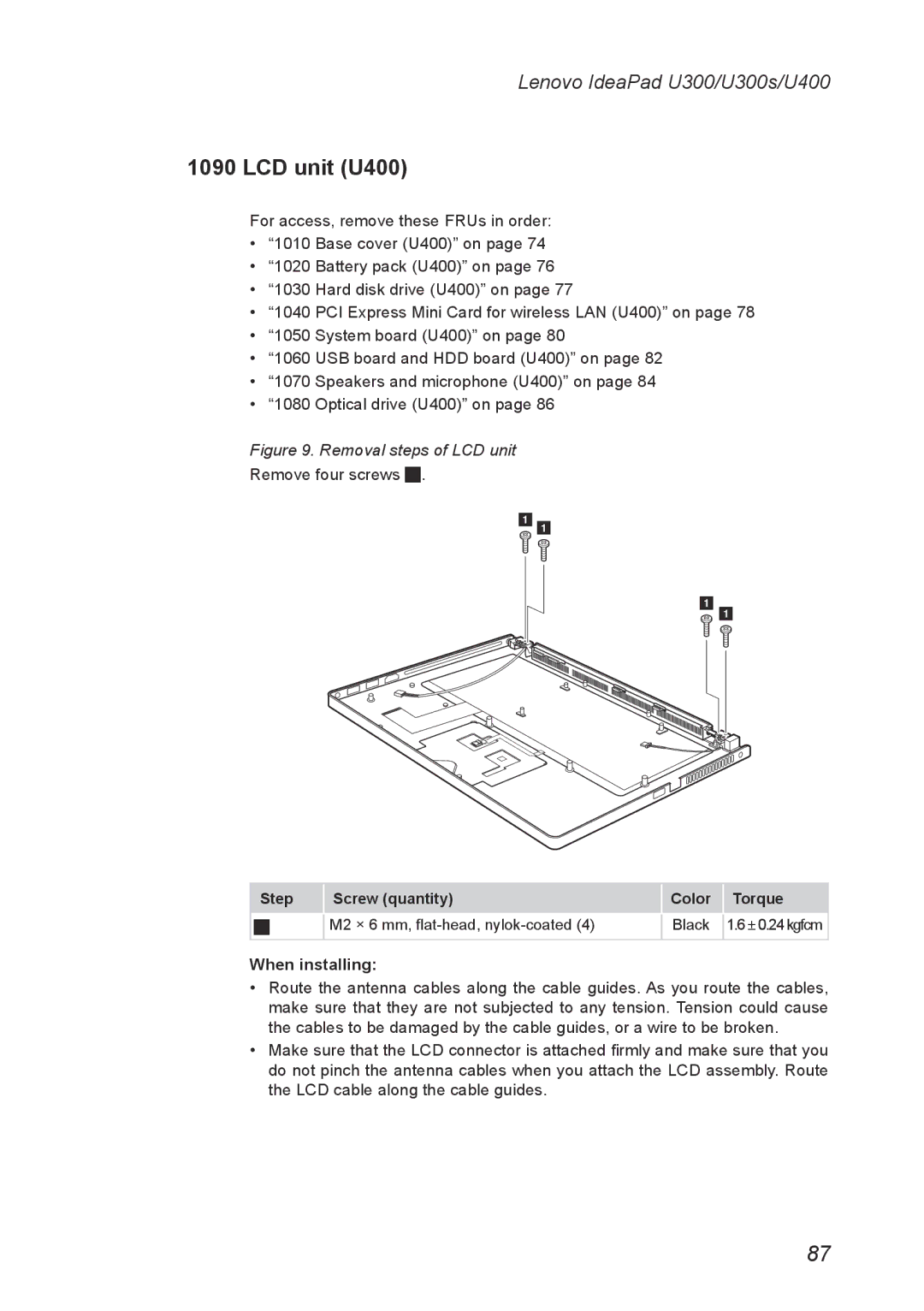 Lenovo U300S manual LCD unit U400, Removal steps of LCD unit 