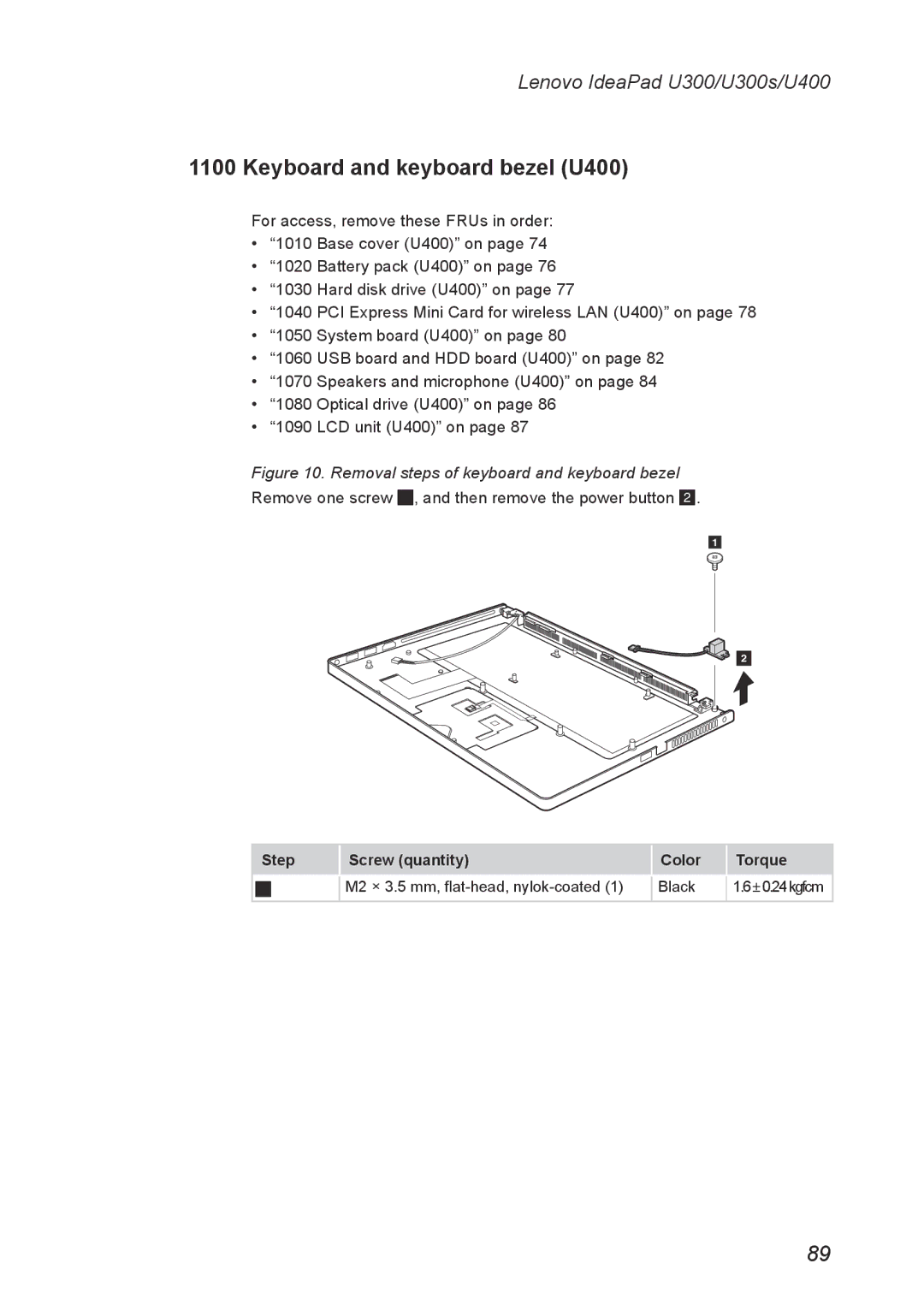 Lenovo U300S manual Keyboard and keyboard bezel U400, Removal steps of keyboard and keyboard bezel 