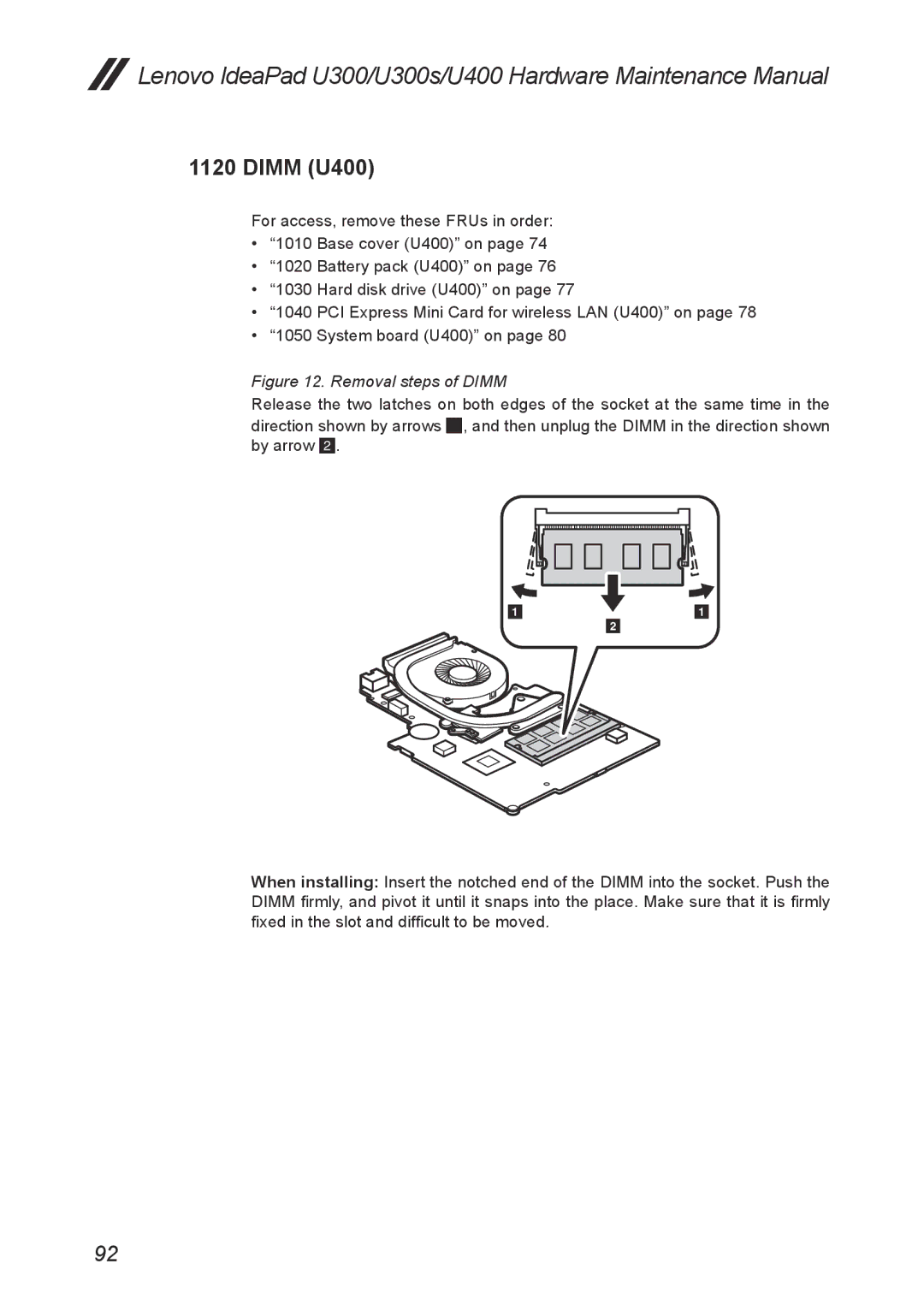 Lenovo U300S manual Dimm U400, Removal steps of Dimm 