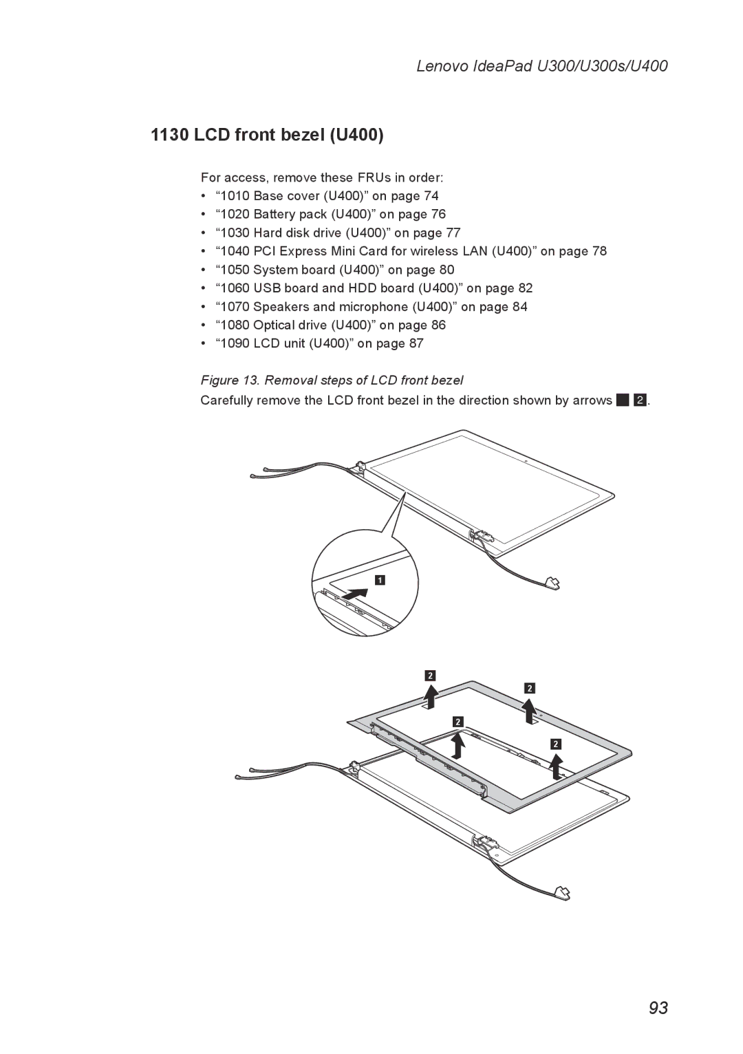 Lenovo U300S manual LCD front bezel U400, Removal steps of LCD front bezel 