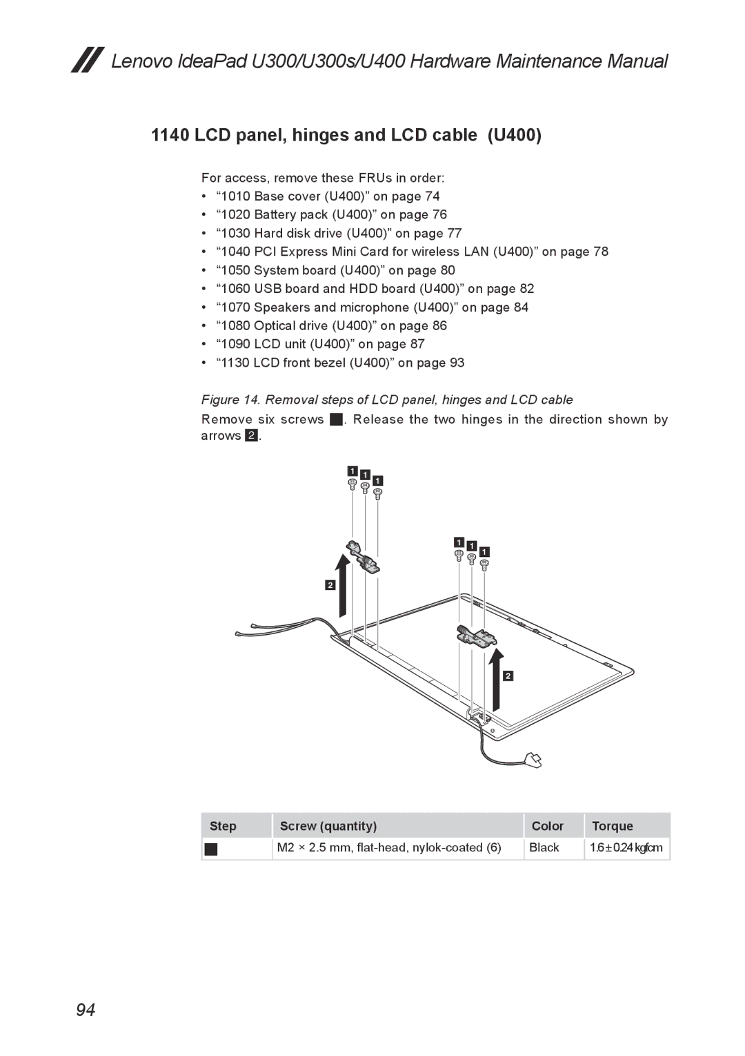 Lenovo U300S manual LCD panel, hinges and LCD cable U400, Removal steps of LCD panel, hinges and LCD cable 