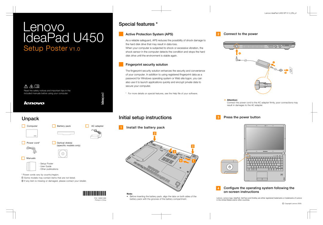 Lenovo manual Active Protection System APS, Connect to the power, Fingerprint security solution, Lenovo IdeaPad U450 