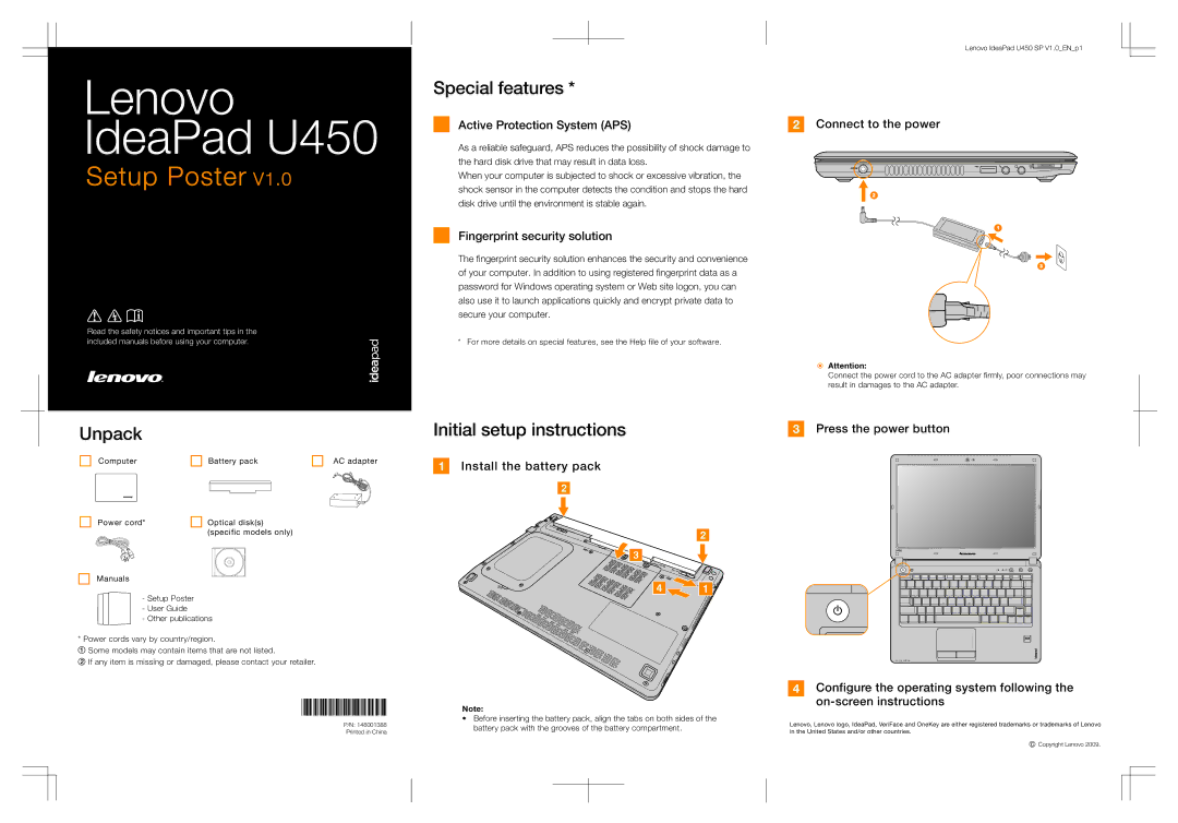 Lenovo U450 manual Special features, Unpack, Initial setup instructions 