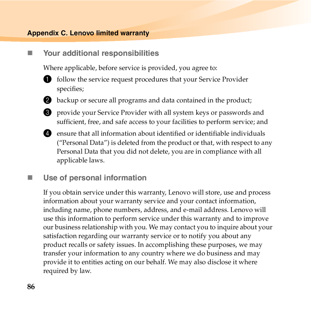 Lenovo U455 manual „ Your additional responsibilities, „ Use of personal information 