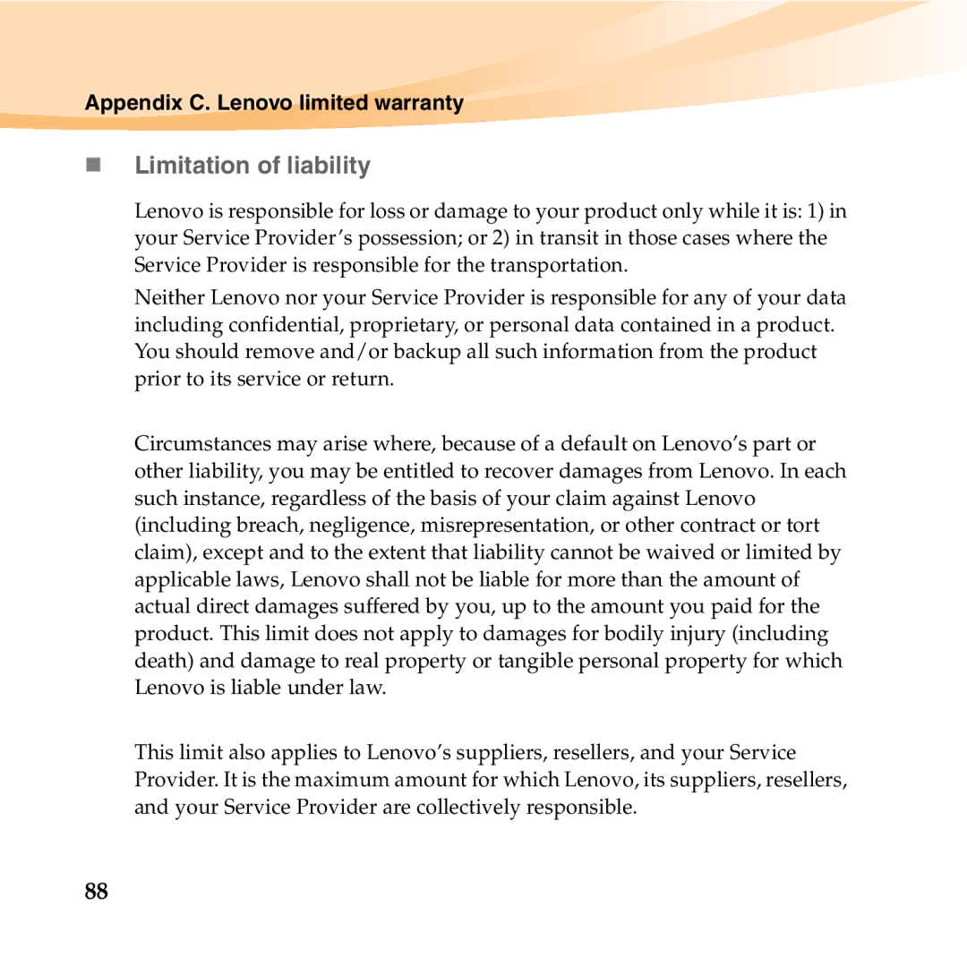 Lenovo U455 manual „ Limitation of liability 