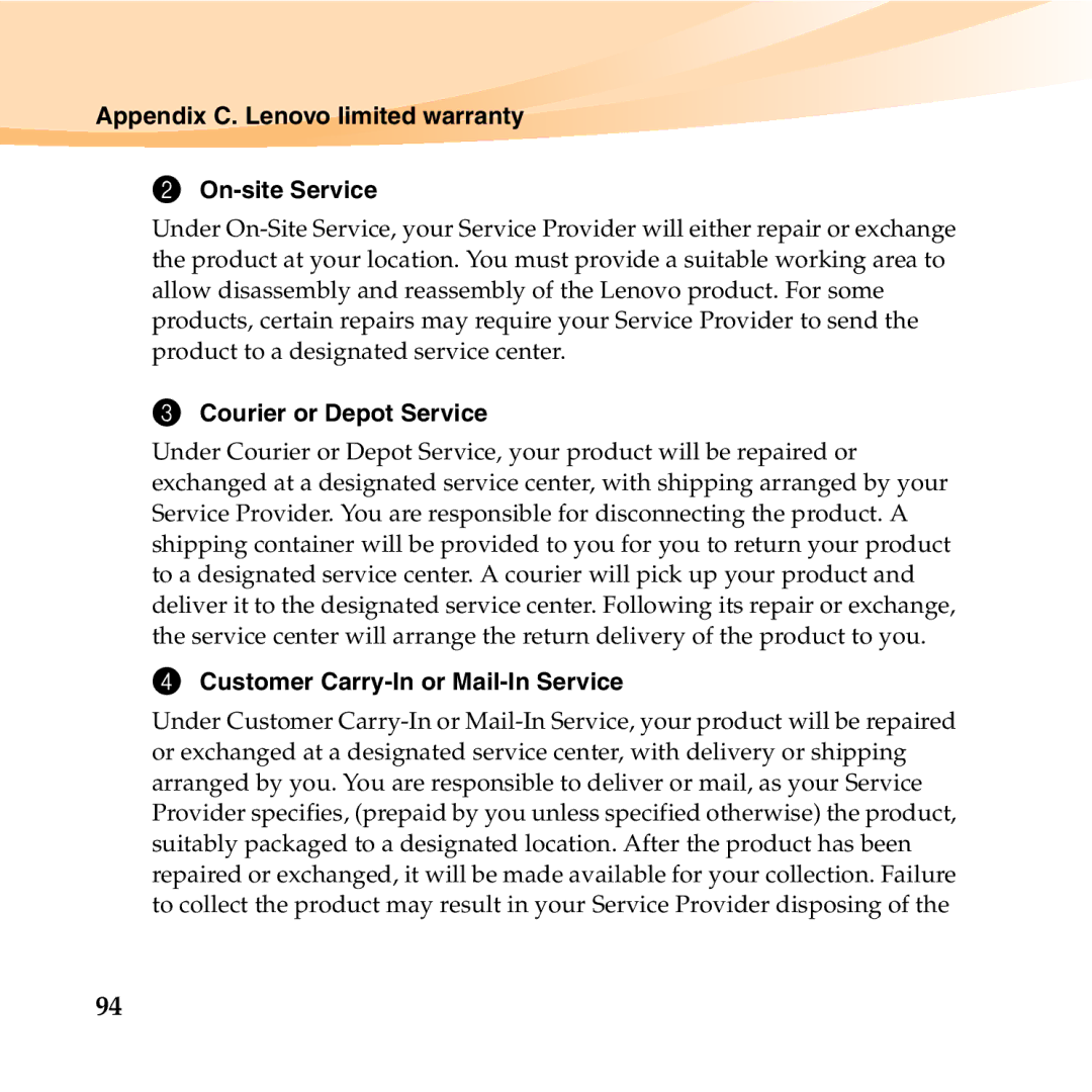 Lenovo U455 manual Appendix C. Lenovo limited warranty On-site Service, Courier or Depot Service 