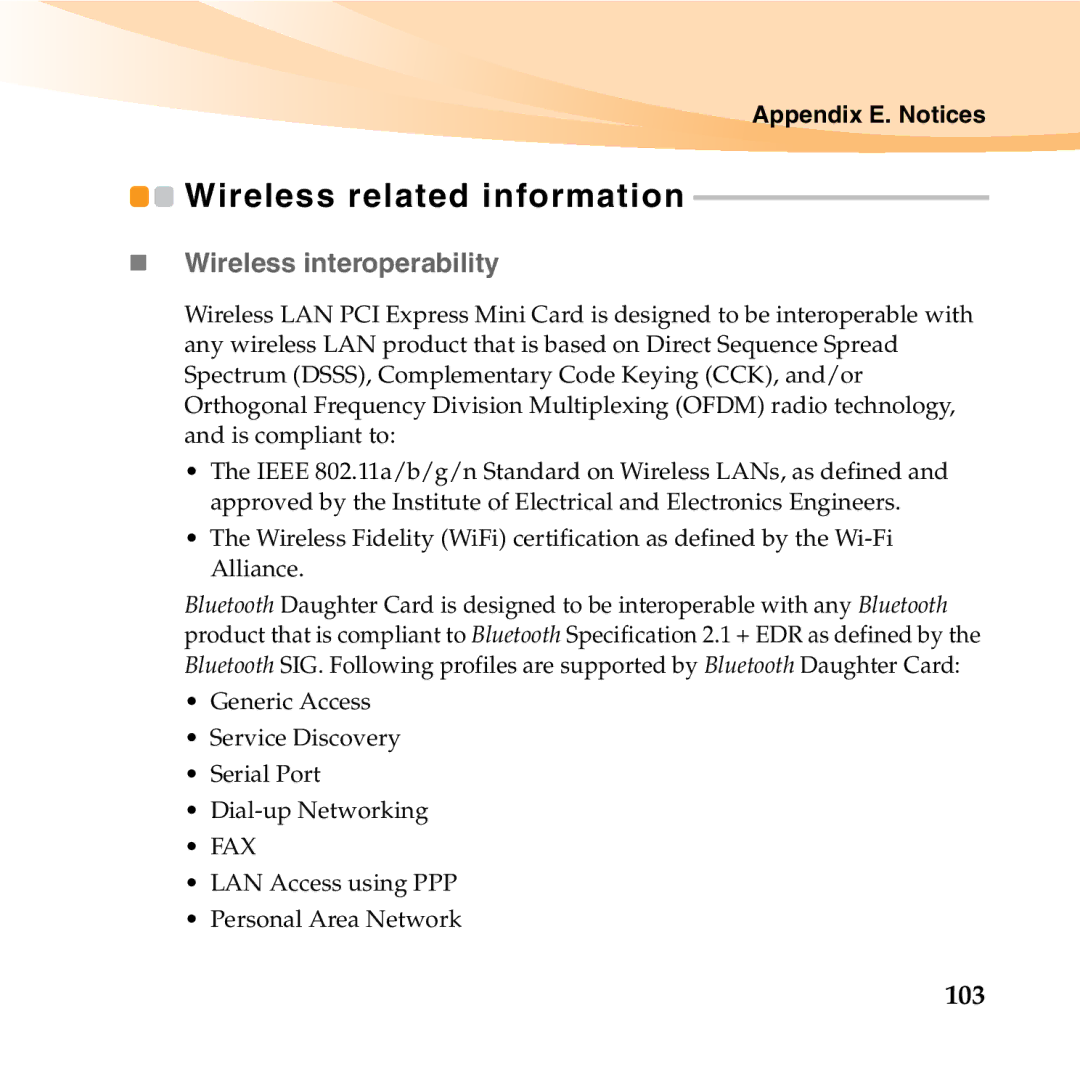 Lenovo U455 manual Wireless related information, „ Wireless interoperability, 103 