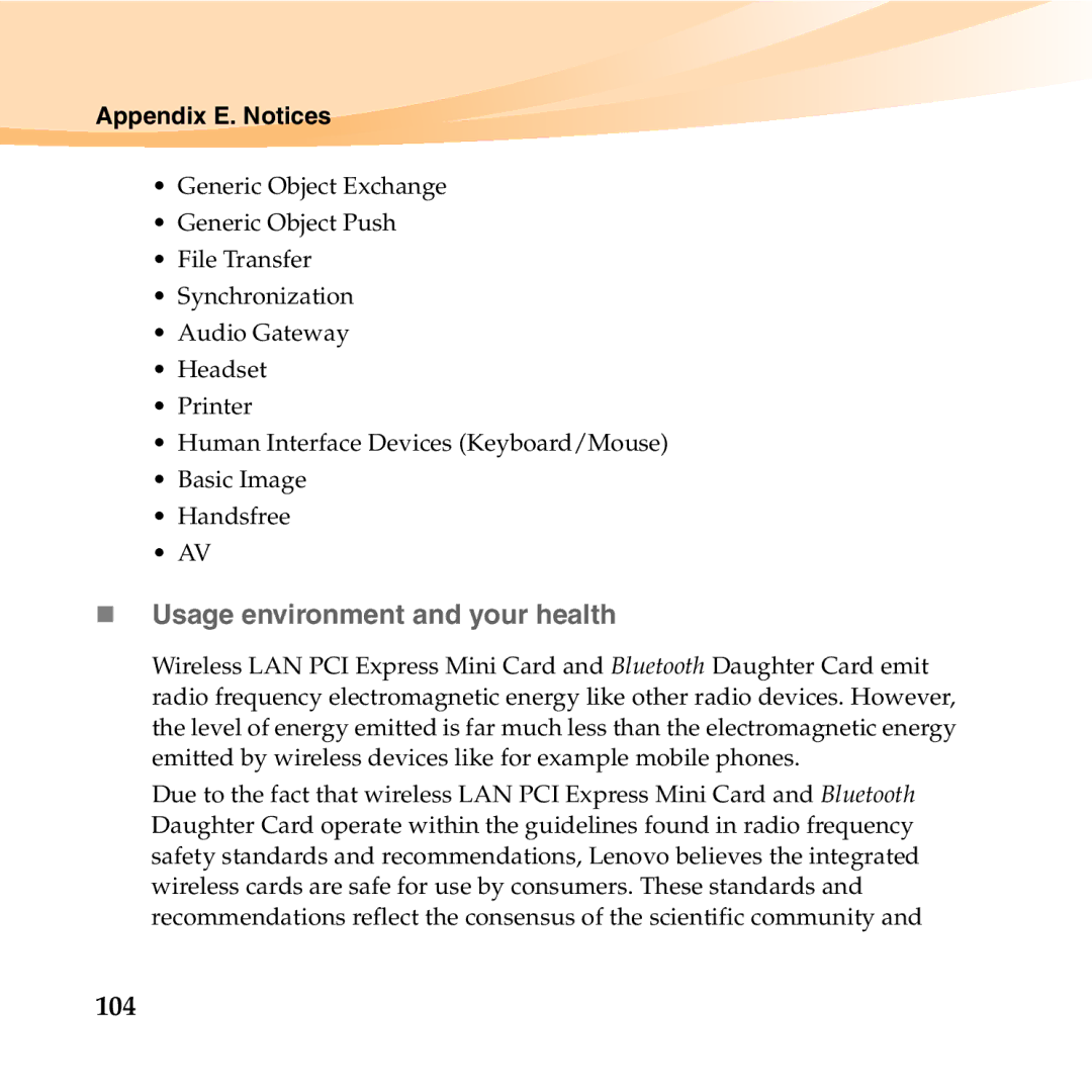 Lenovo U455 manual „ Usage environment and your health, 104 