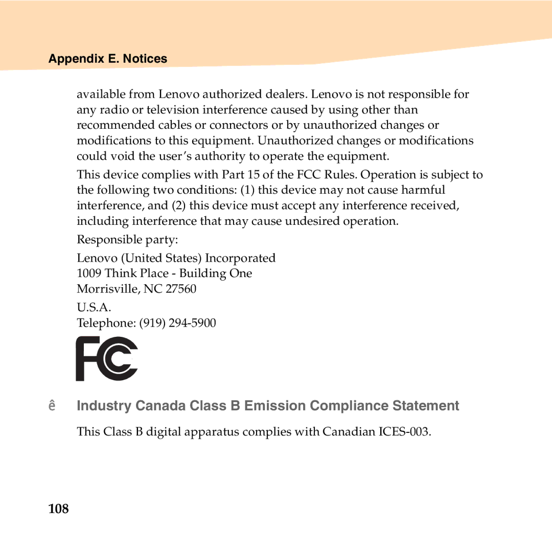 Lenovo U455 manual „ Industry Canada Class B Emission Compliance Statement, 108 