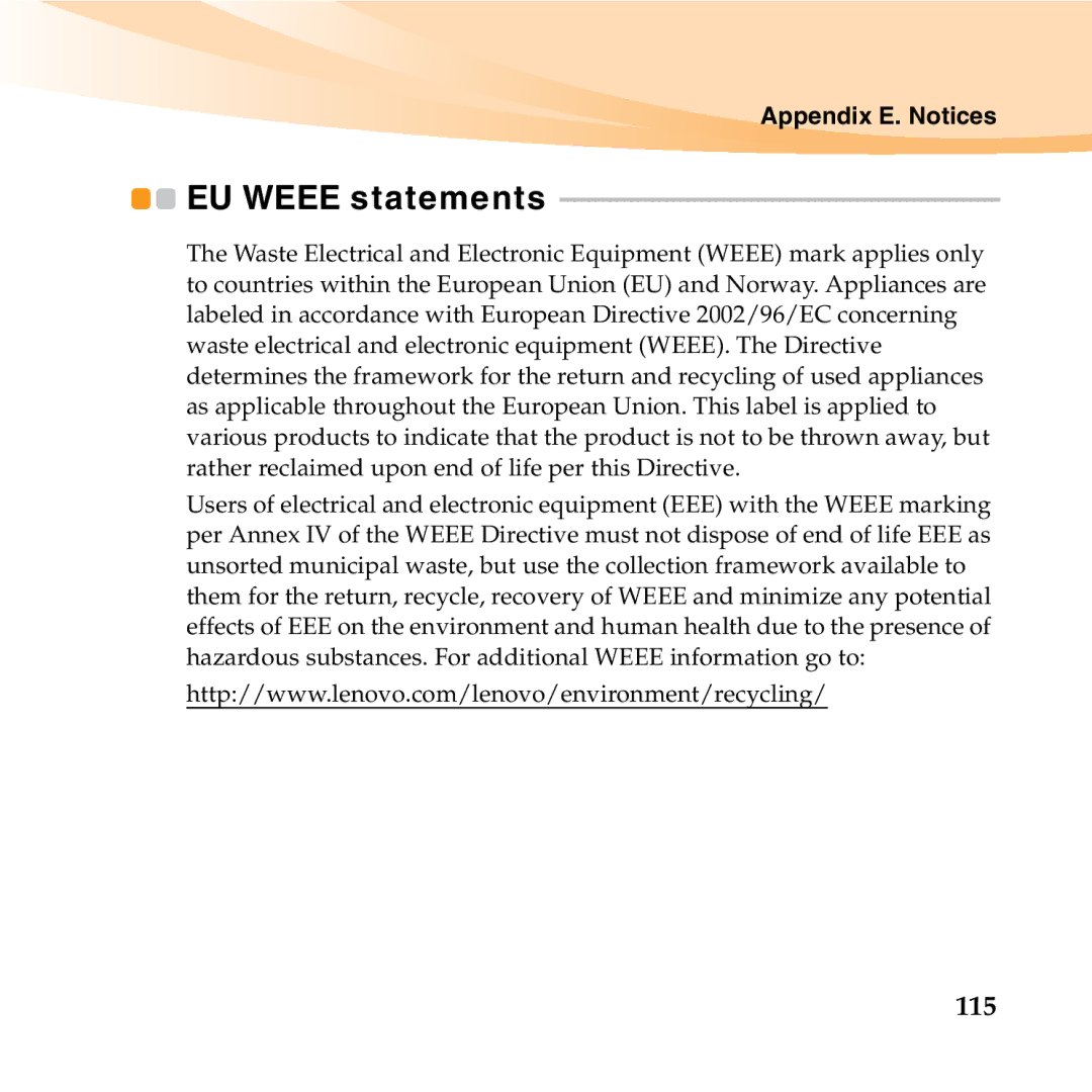 Lenovo U455 manual EU Weee statements, 115 