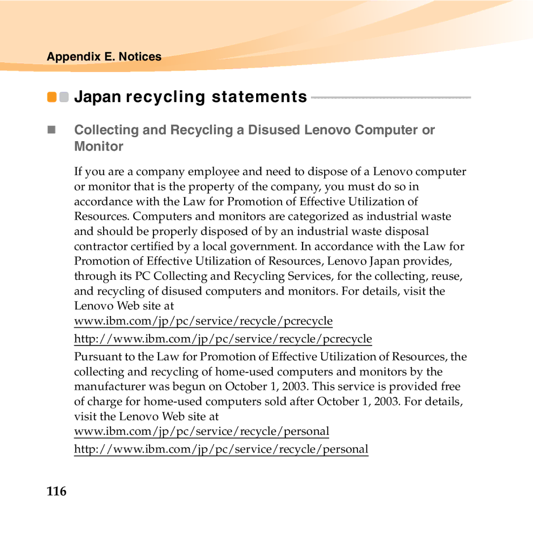 Lenovo U455 manual Japan recycling statements, 116 