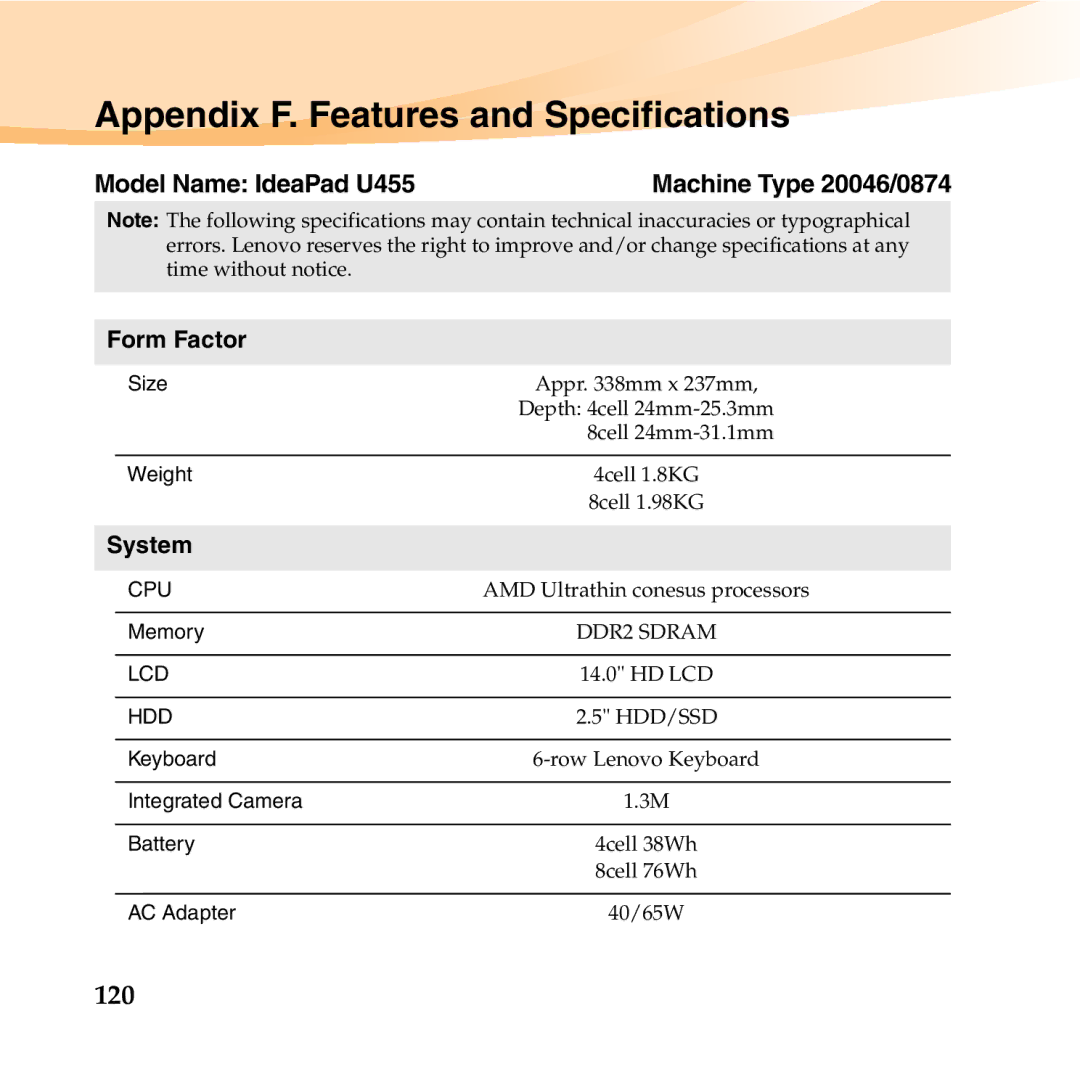 Lenovo manual Appendix F. Features and Specifications, 120, Model Name IdeaPad U455, Form Factor, System 