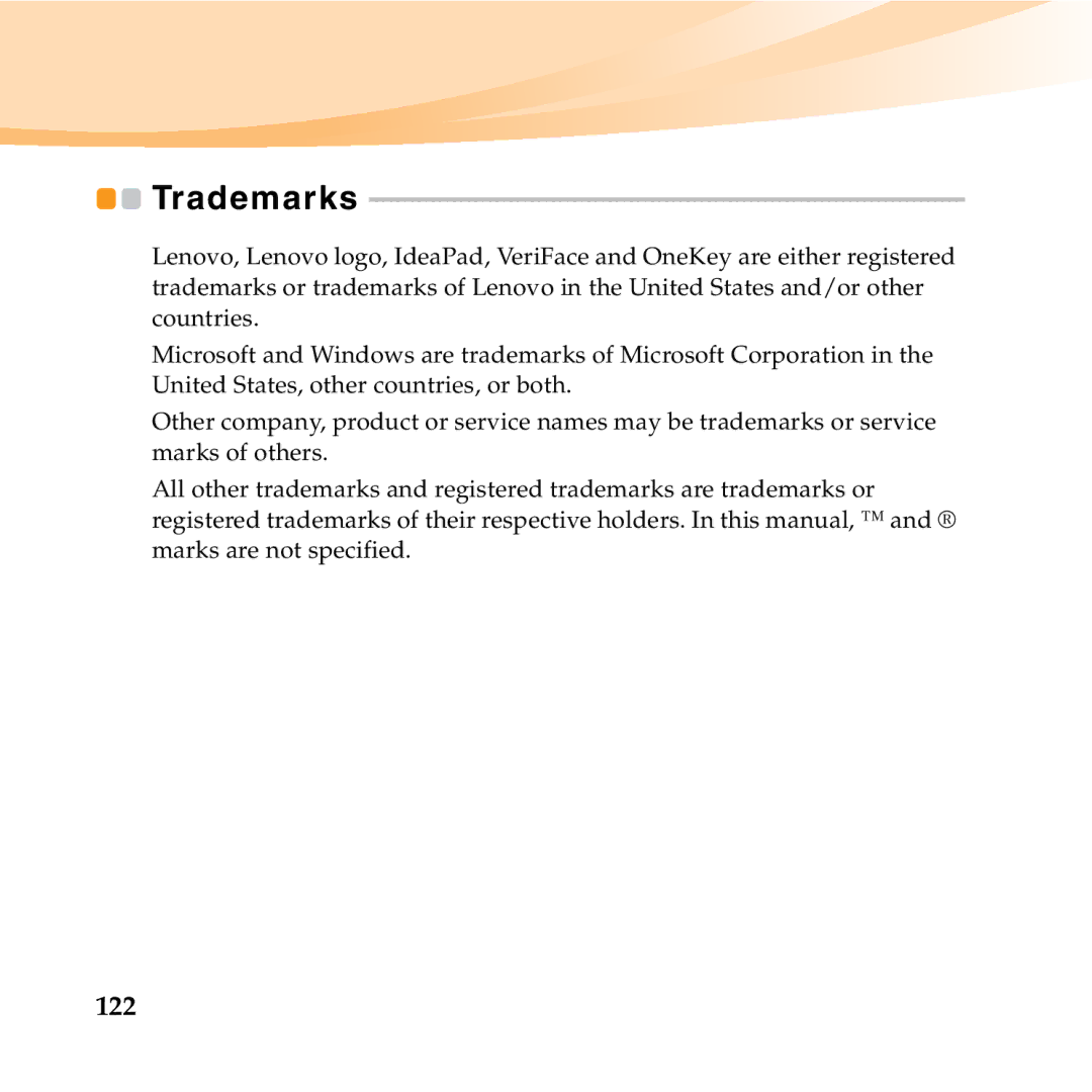 Lenovo U455 manual Trademarks, 122 