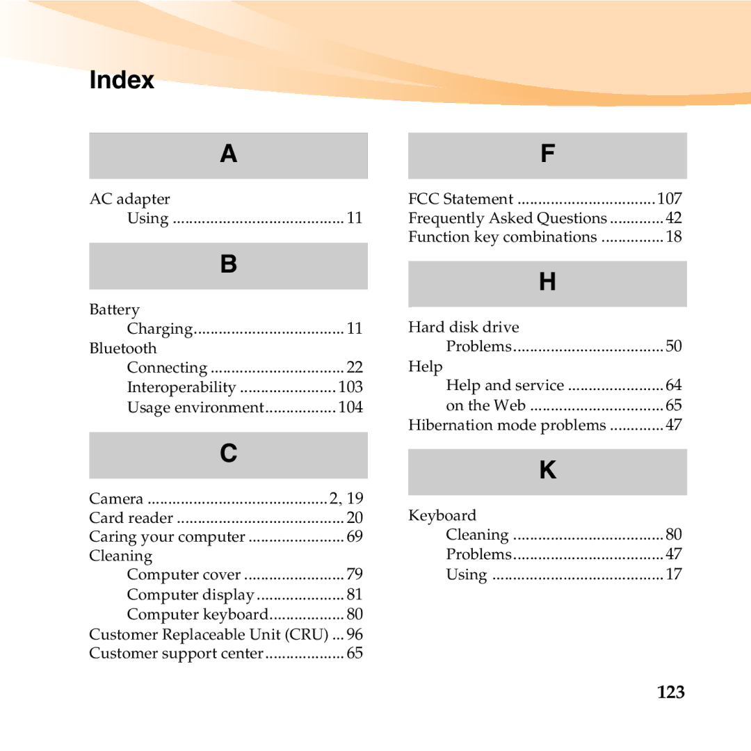 Lenovo U455 manual Index, 123 