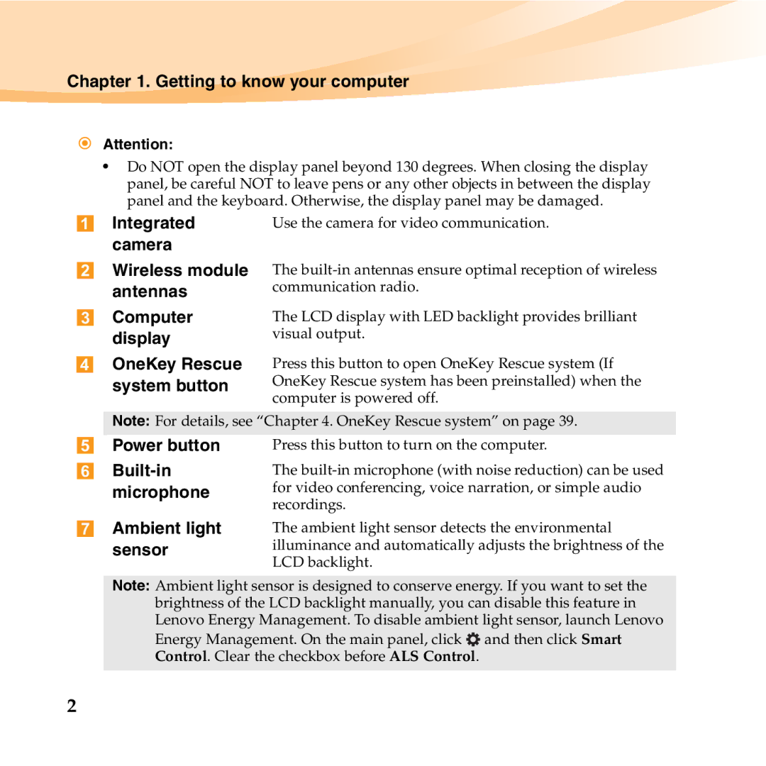 Lenovo U455 manual Getting to know your computer, Integrated, Camera, Power button, Ambient light sensor 