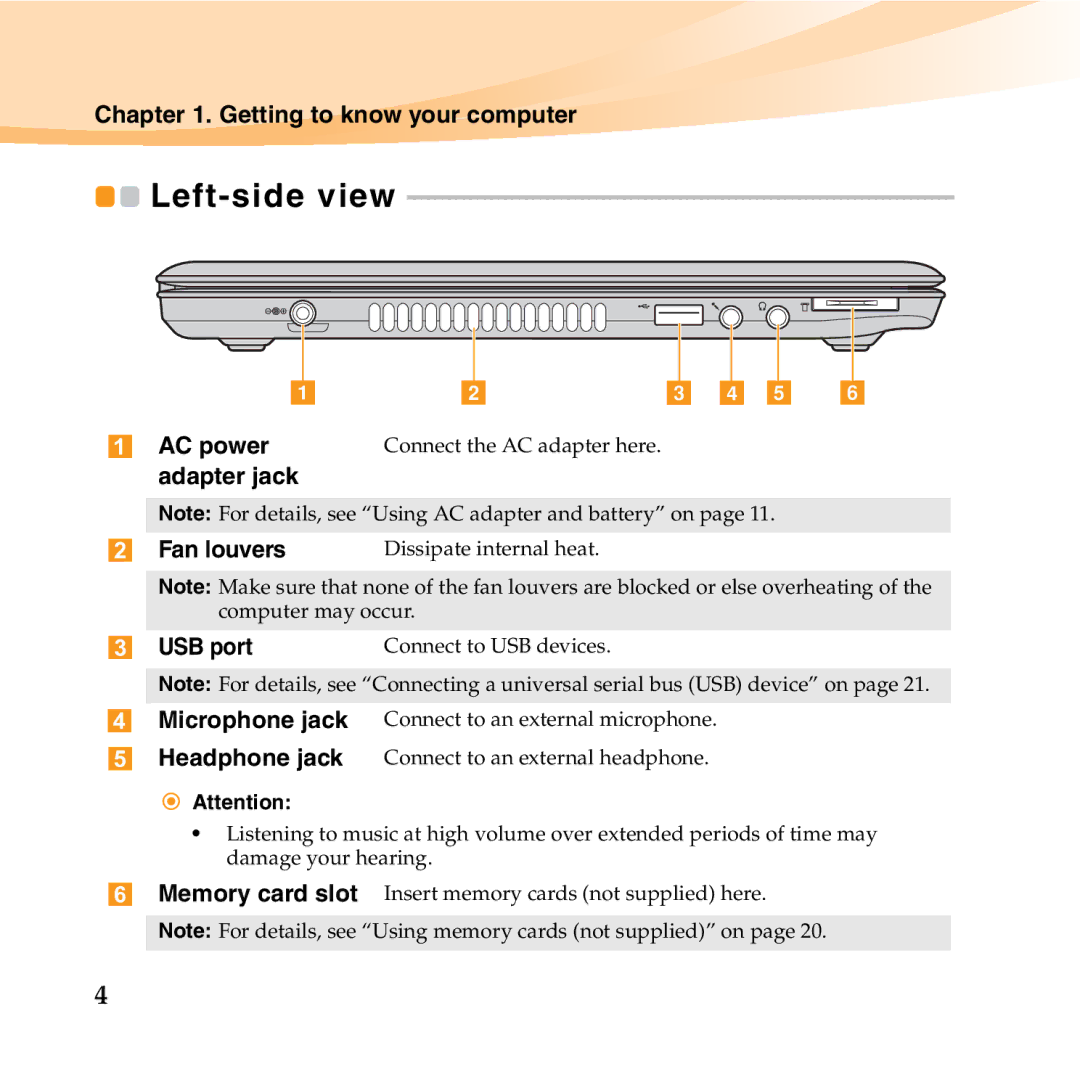 Lenovo U455 manual Left-side view, Adapter jack 