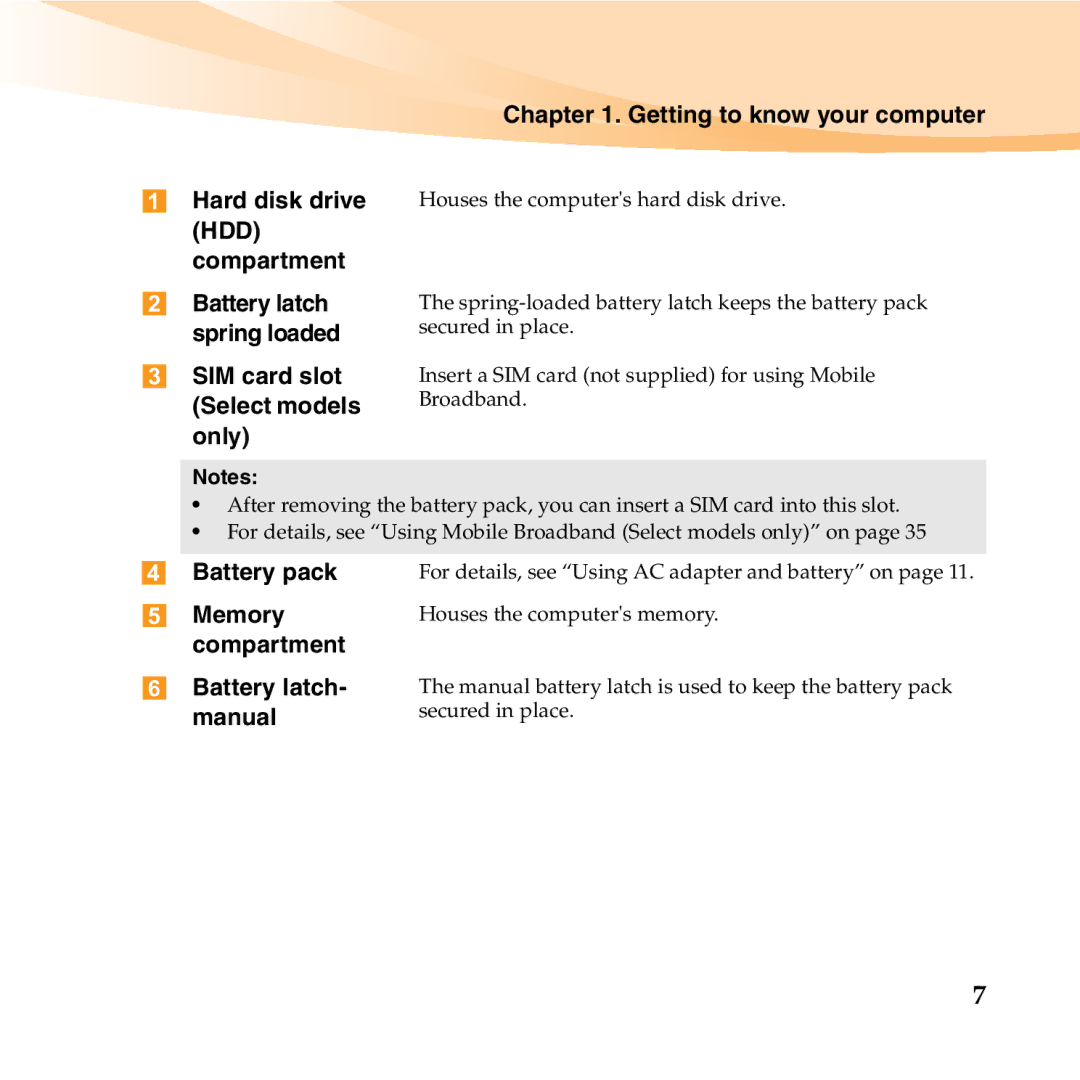 Lenovo U455 manual SIM card slot Select models only, Battery pack, Memory, Compartment Battery latch, Manual 