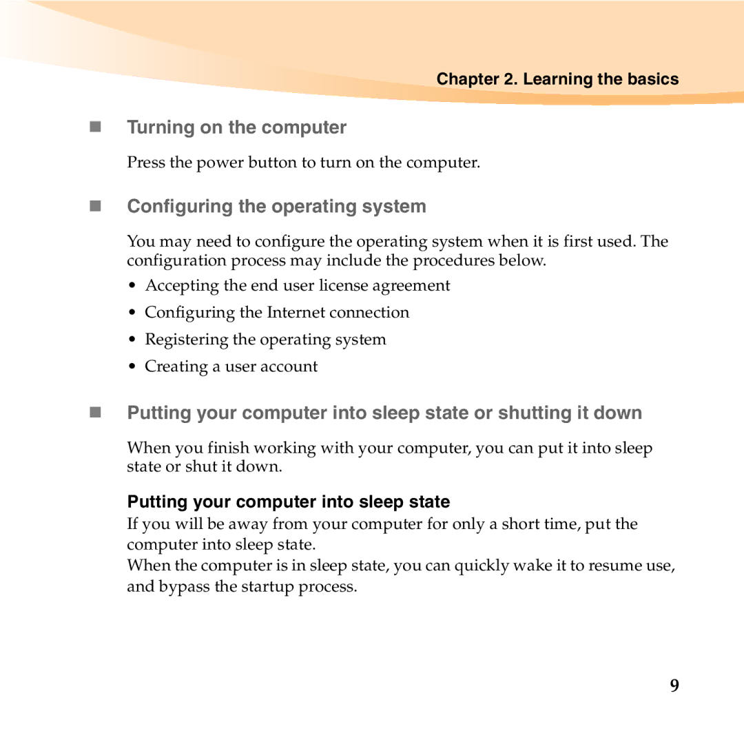 Lenovo U455 manual „ Turning on the computer, „ Configuring the operating system, Learning the basics 