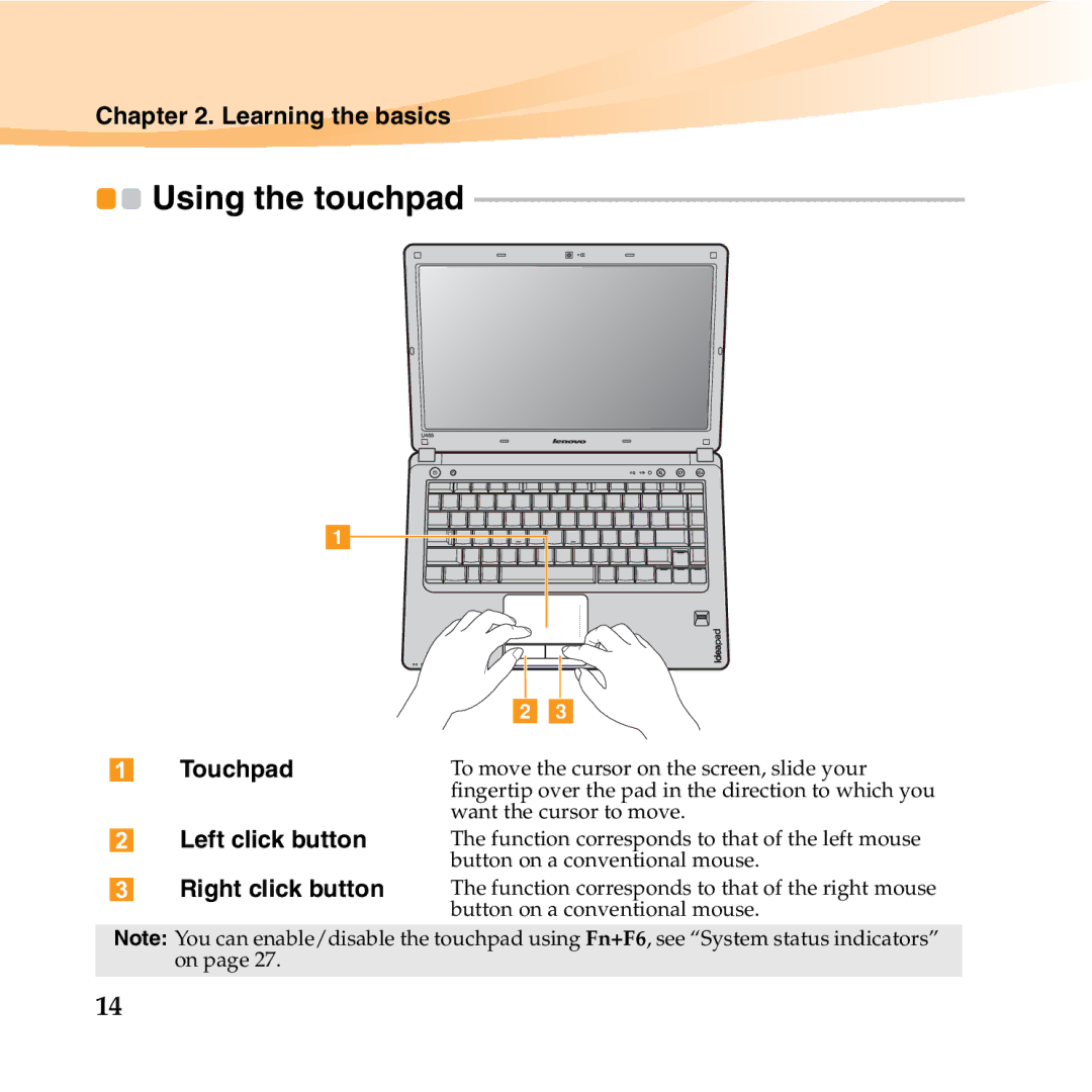 Lenovo U455 manual Using the touchpad, Left click button, Right click button 