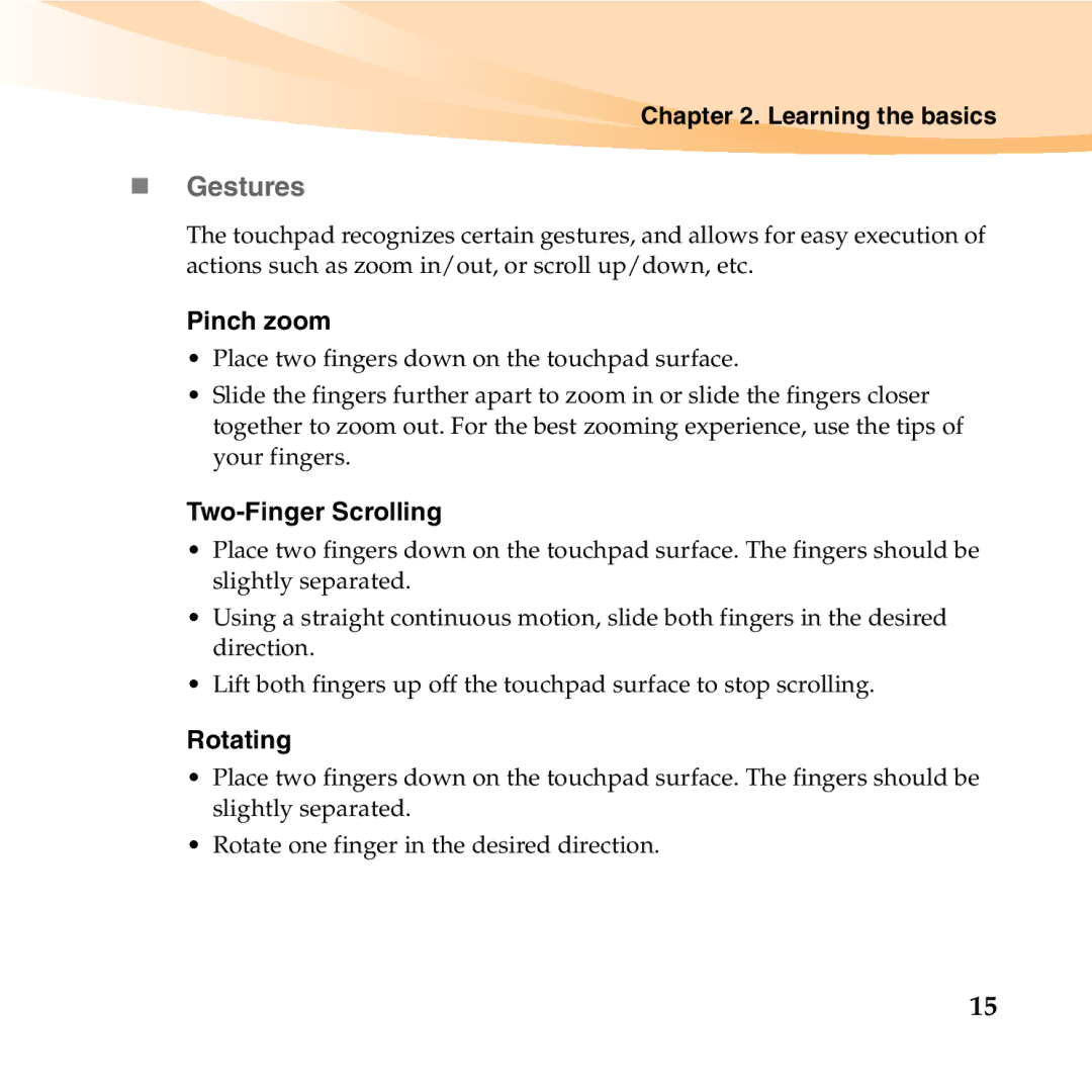Lenovo U455 manual „ Gestures, Pinch zoom, Two-Finger Scrolling, Rotating 