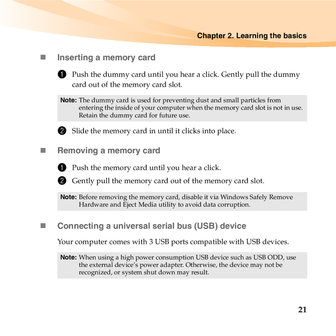 Lenovo U455 manual „ Inserting a memory card, „ Removing a memory card, „ Connecting a universal serial bus USB device 