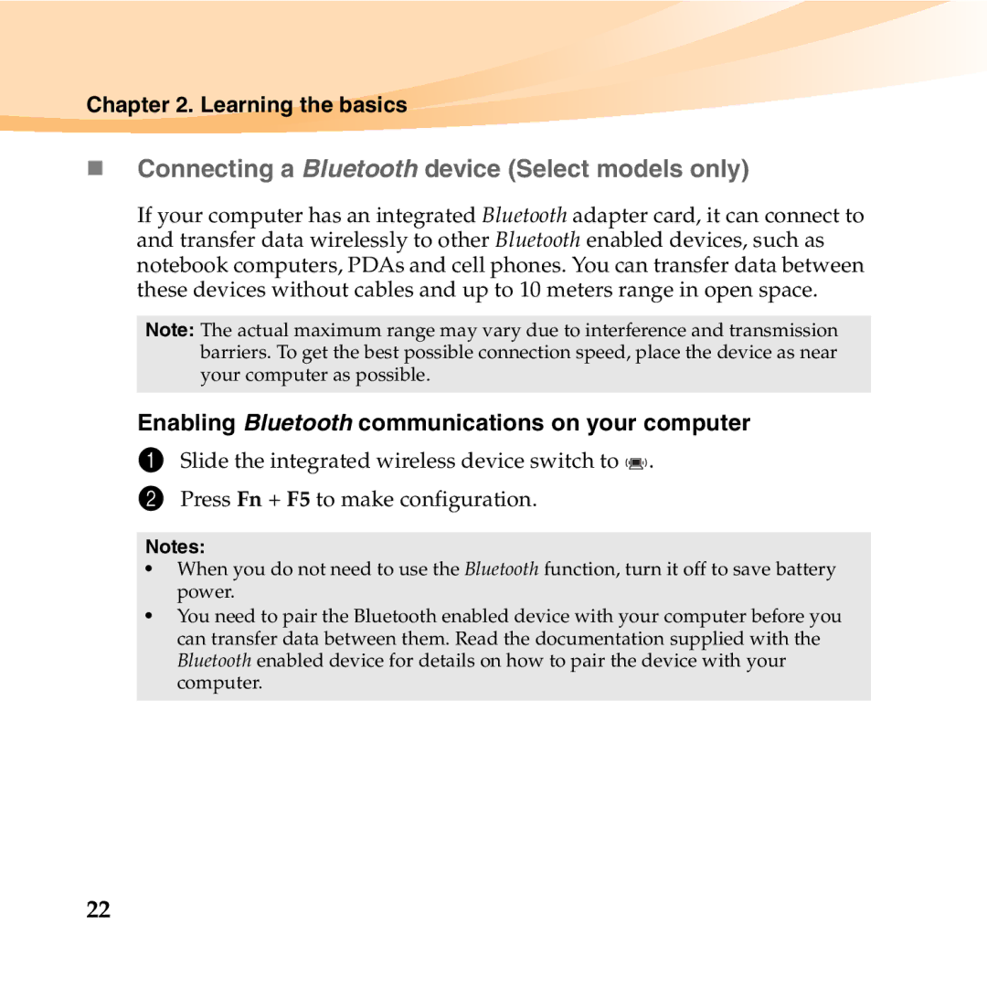 Lenovo U455 manual „ Connecting a Bluetooth device Select models only, Enabling Bluetooth communications on your computer 