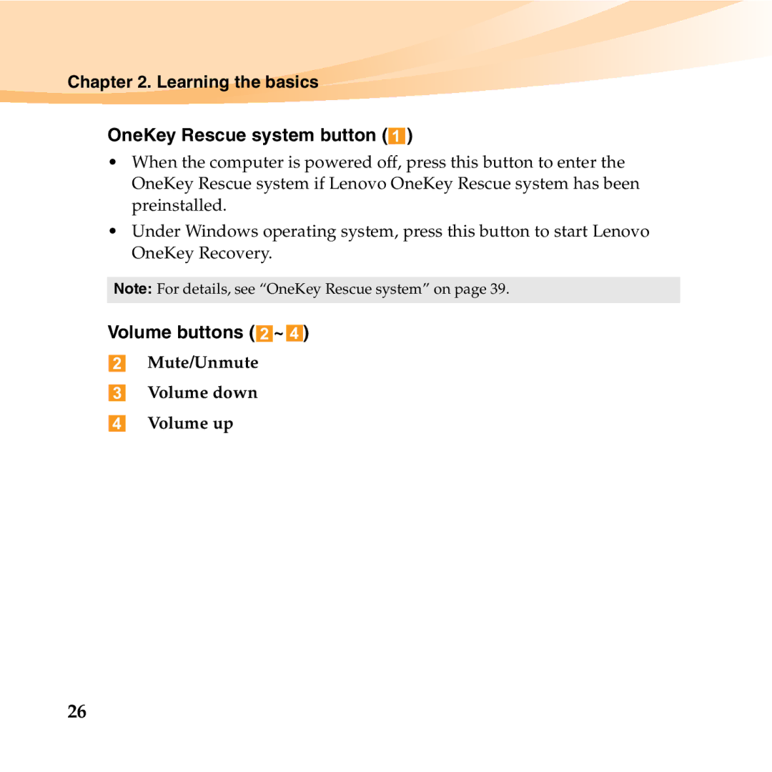 Lenovo U455 manual Learning the basics OneKey Rescue system button, Volume buttons ~ 