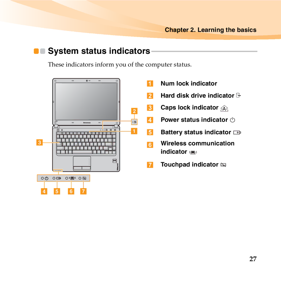 Lenovo U455 manual System status indicators, Indicator, Touchpad indicator 