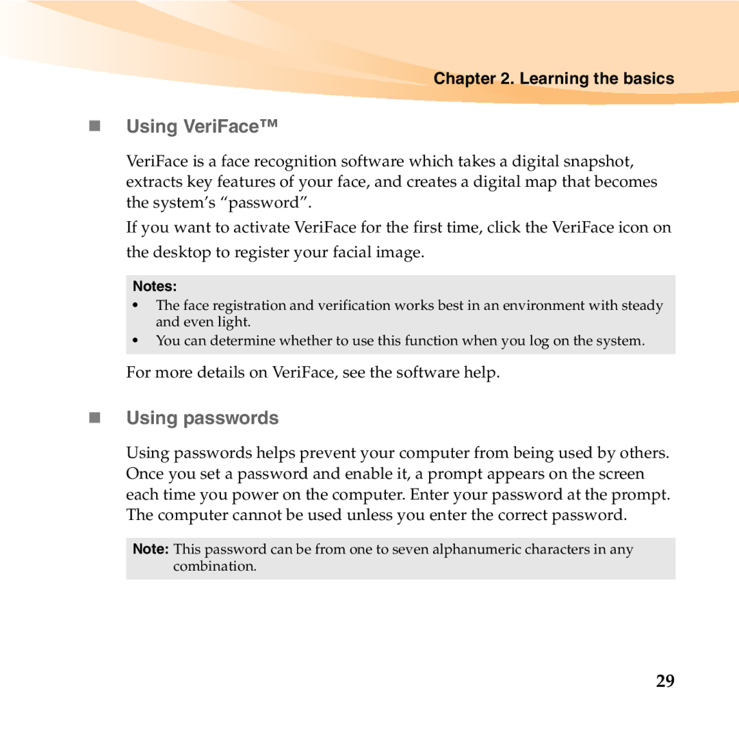 Lenovo U455 manual „ Using VeriFace, „ Using passwords 