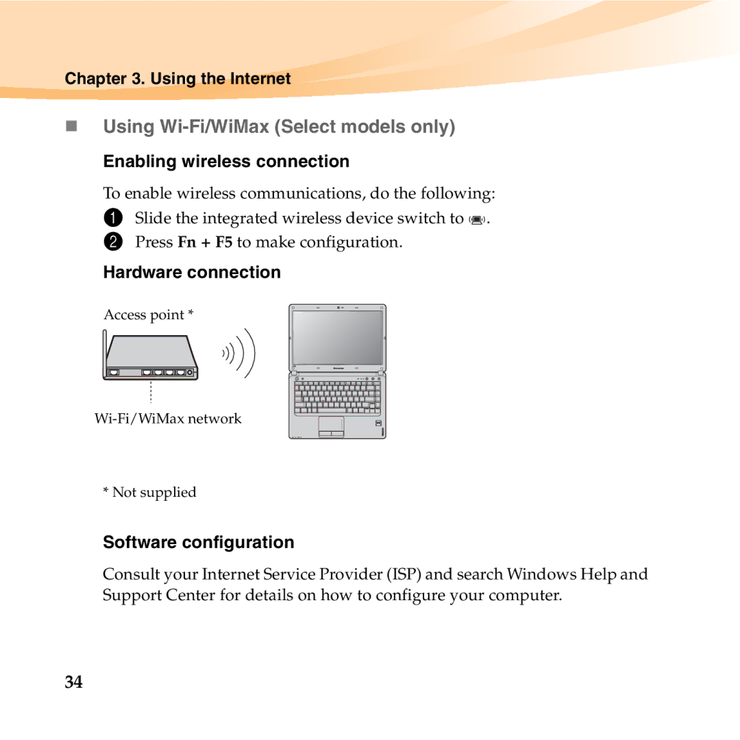 Lenovo U455 manual „ Using Wi-Fi/WiMax Select models only, Enabling wireless connection, Hardware connection 