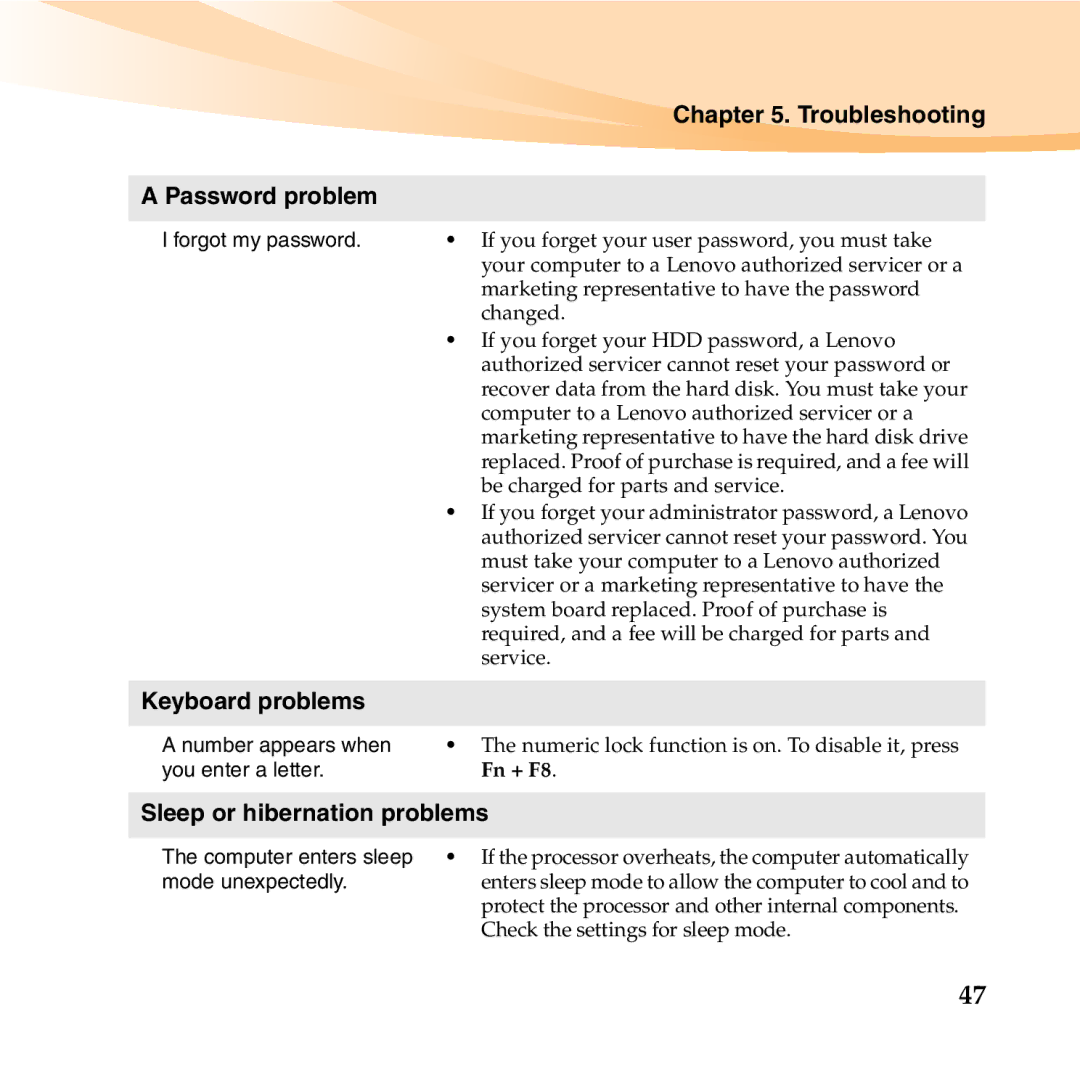 Lenovo U455 manual Troubleshooting Password problem, Keyboard problems, Sleep or hibernation problems 