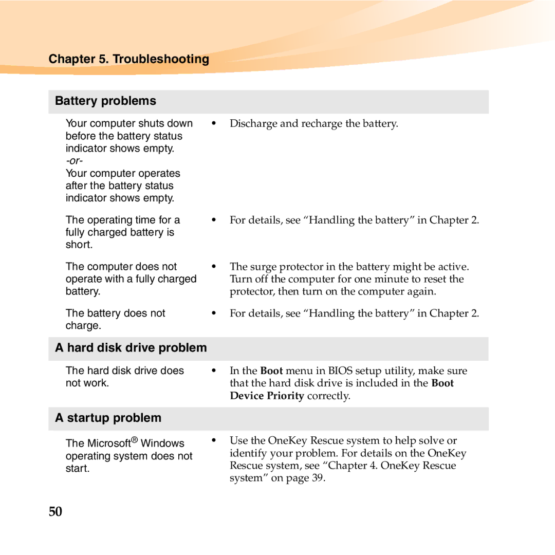 Lenovo U455 manual Troubleshooting Battery problems, Hard disk drive problem, Startup problem 