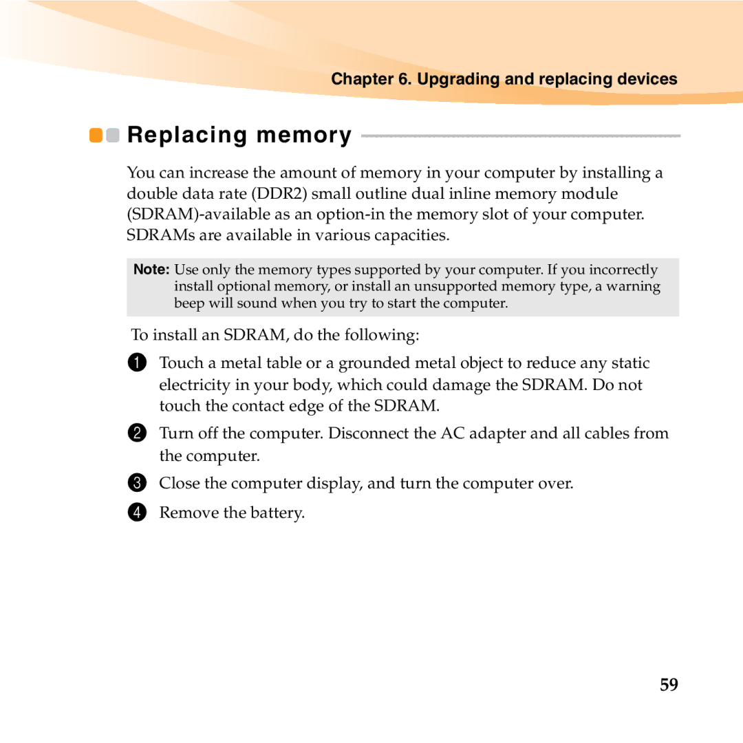 Lenovo U455 manual Replacing memory 