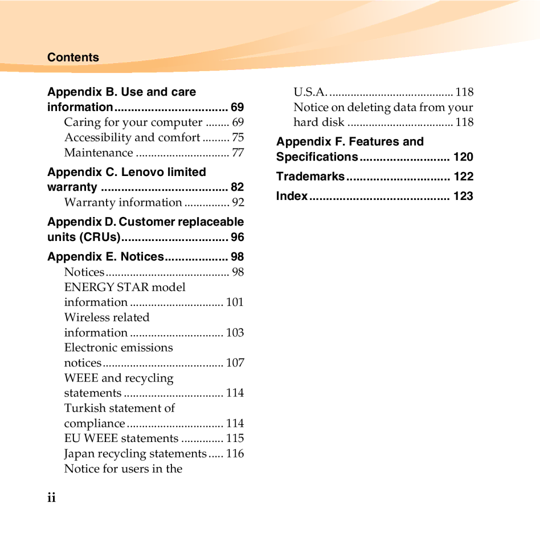 Lenovo U455 manual Contents Appendix B. Use and care, Appendix C. Lenovo limited, Appendix F. Features, 120, 122, 123 