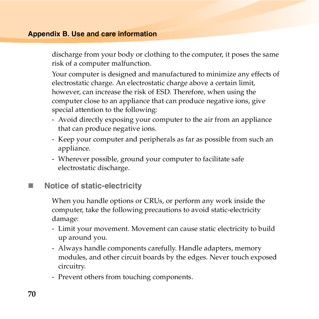 Lenovo U455 manual „ Notice of static-electricity, Appendix B. Use and care information 